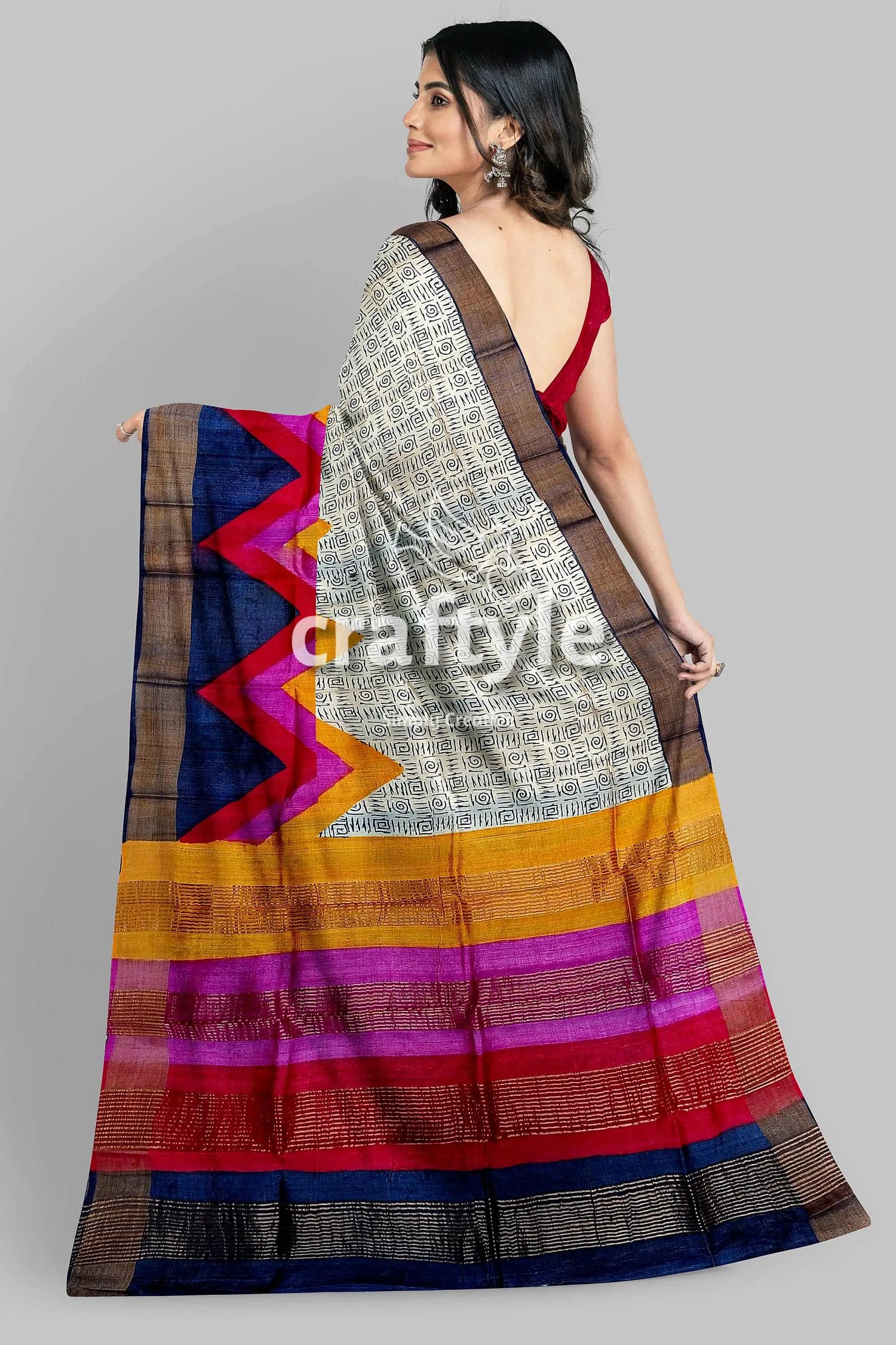 Multicolor hand block print zari border pure tussar silk saree colorful patterned saree 5