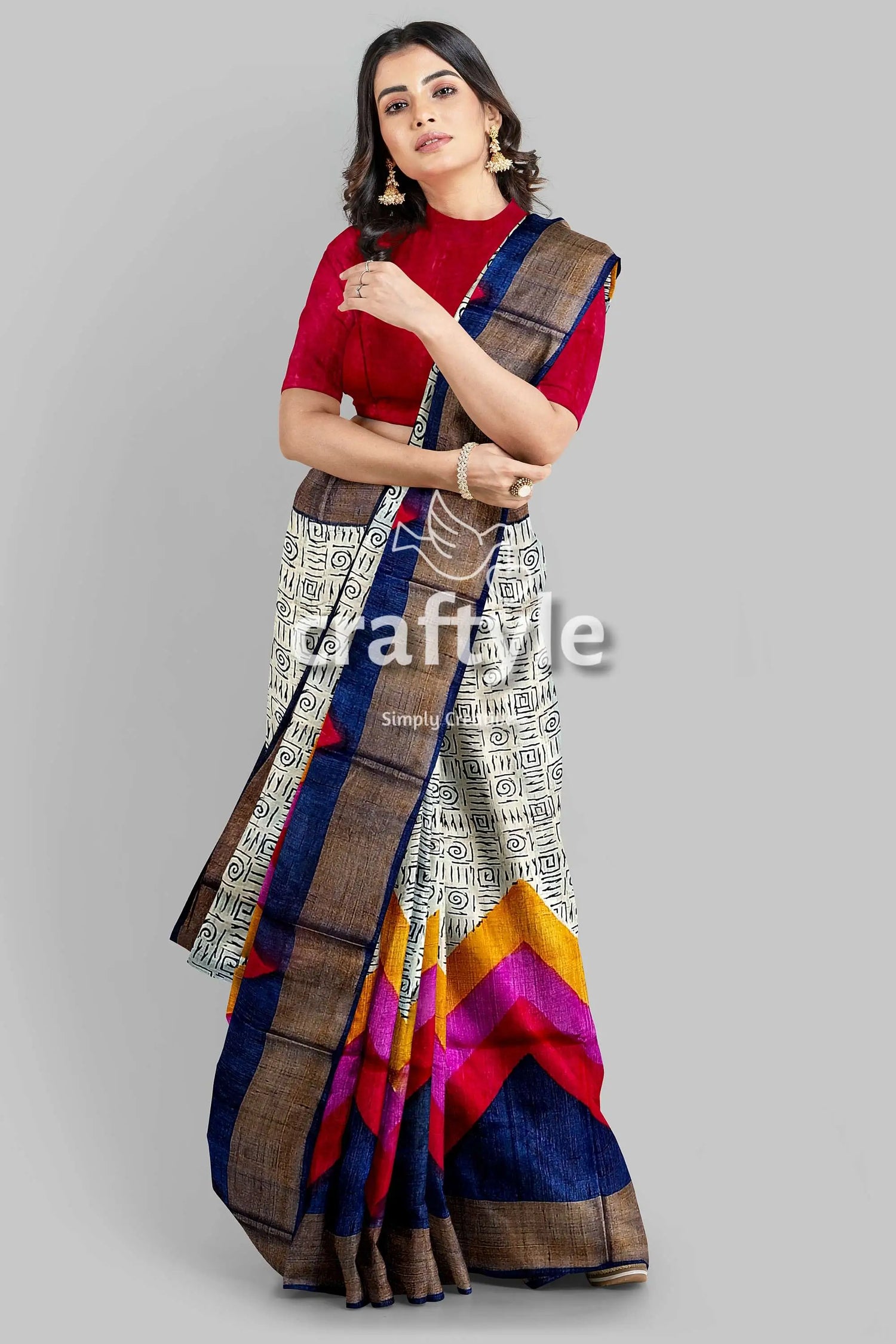 Multicolor hand block print zari border pure tussar silk saree woman patterned saree 3