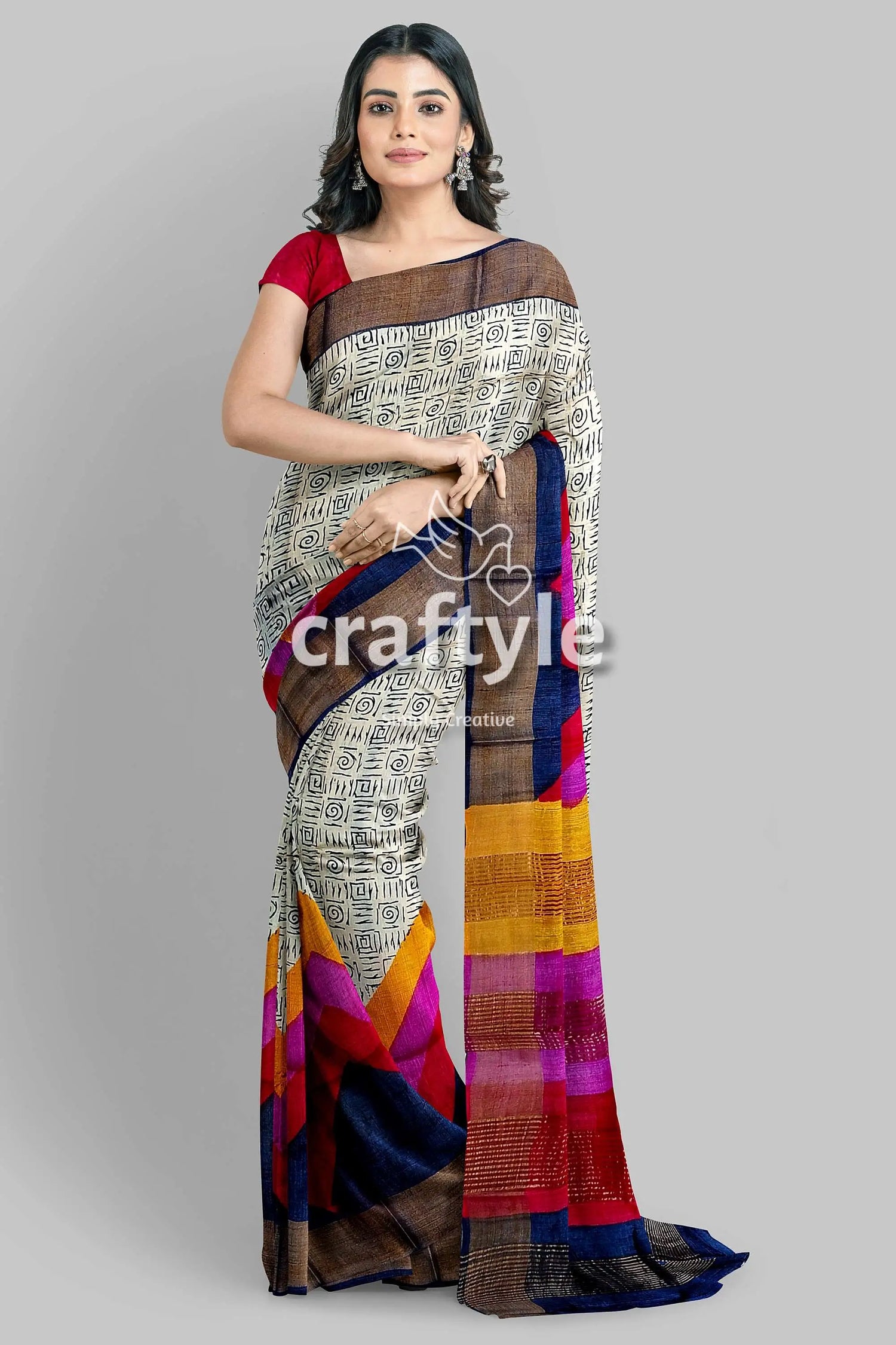 Multicolor hand block print zari border pure tussar silk saree woman patterned saree 4