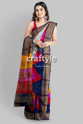 Multicolor hand block print zari border pure tussar silk saree colorful geometric saree 2