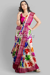 Multicolor hand block print zari border pure tussar silk saree woman colorful leaf-patterned saree 4