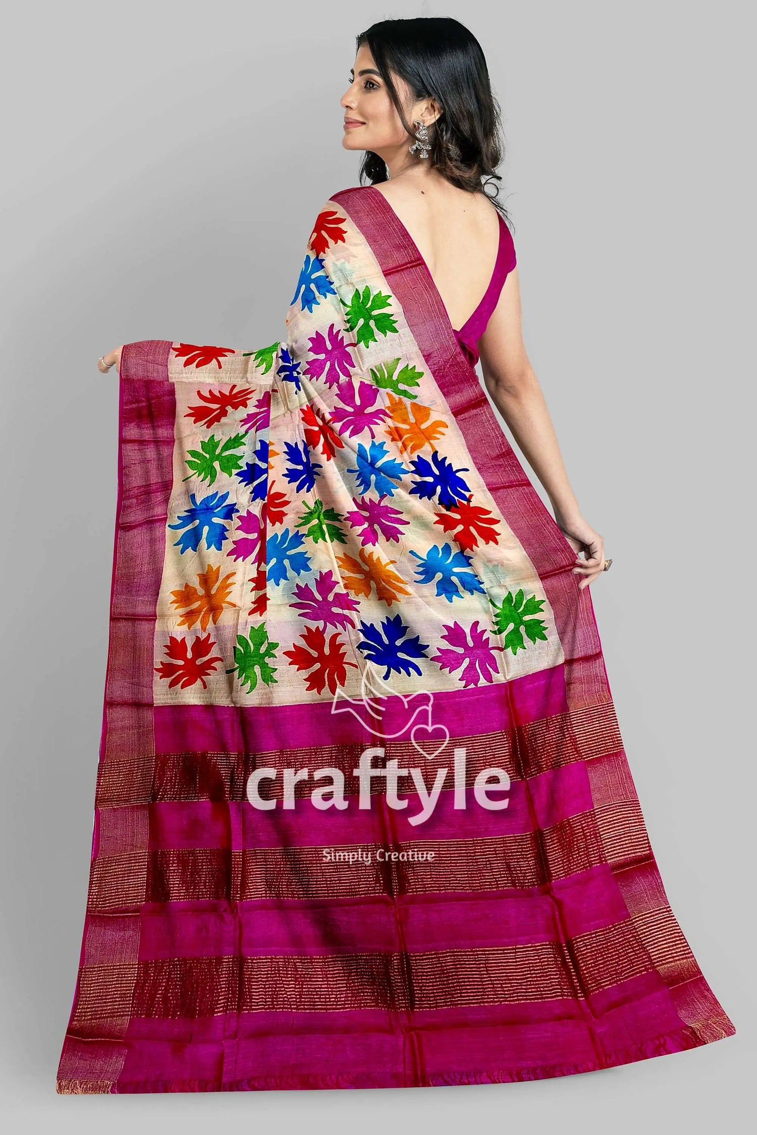 Multicolor hand block print zari border pure tussar silk saree woman colorful floral saree 5