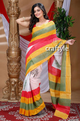 Multicolor hand block pure cotton saree striped saree tree print 2