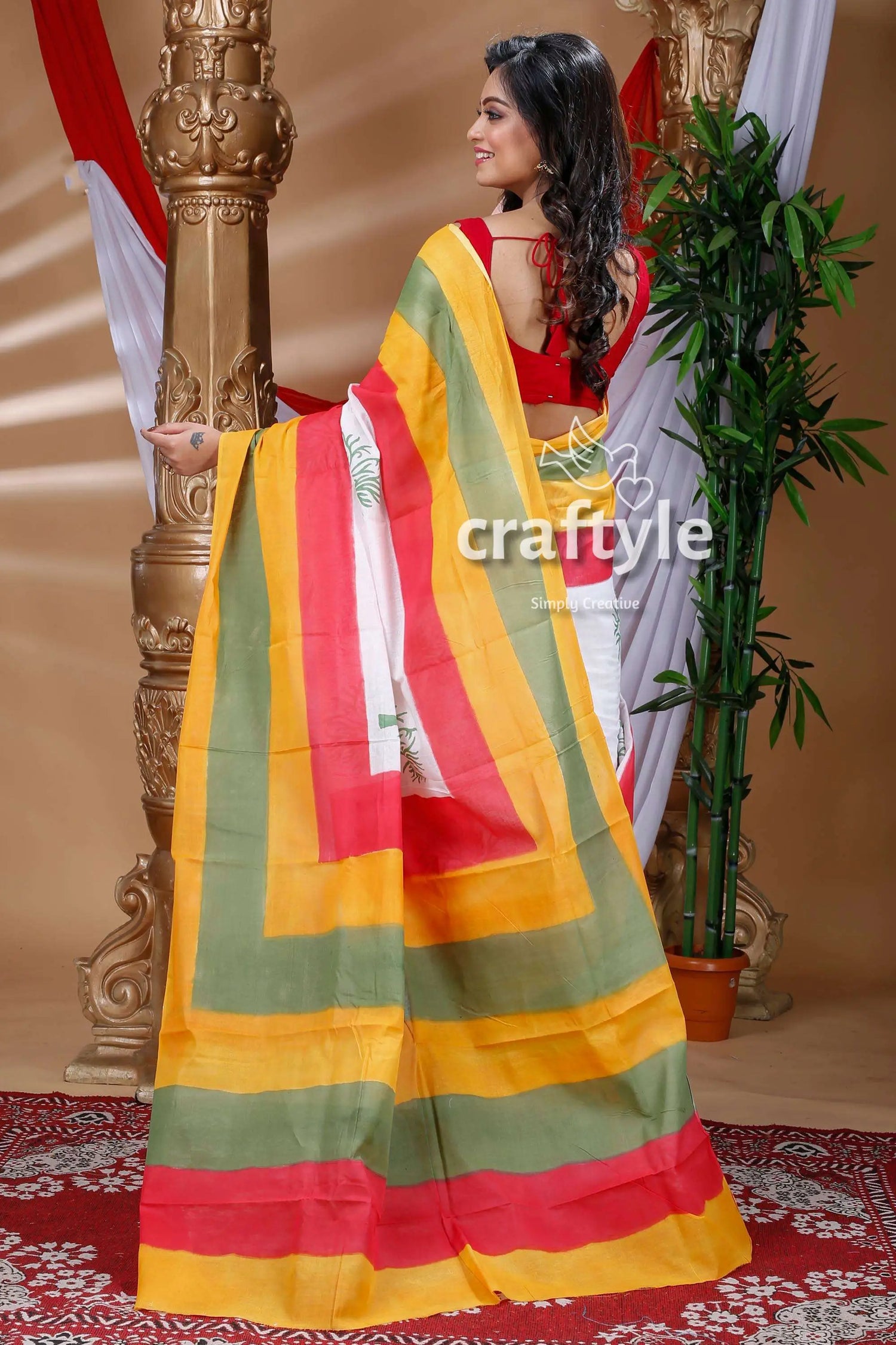 Multicolor hand block pure cotton saree striped yellow green red saree 4