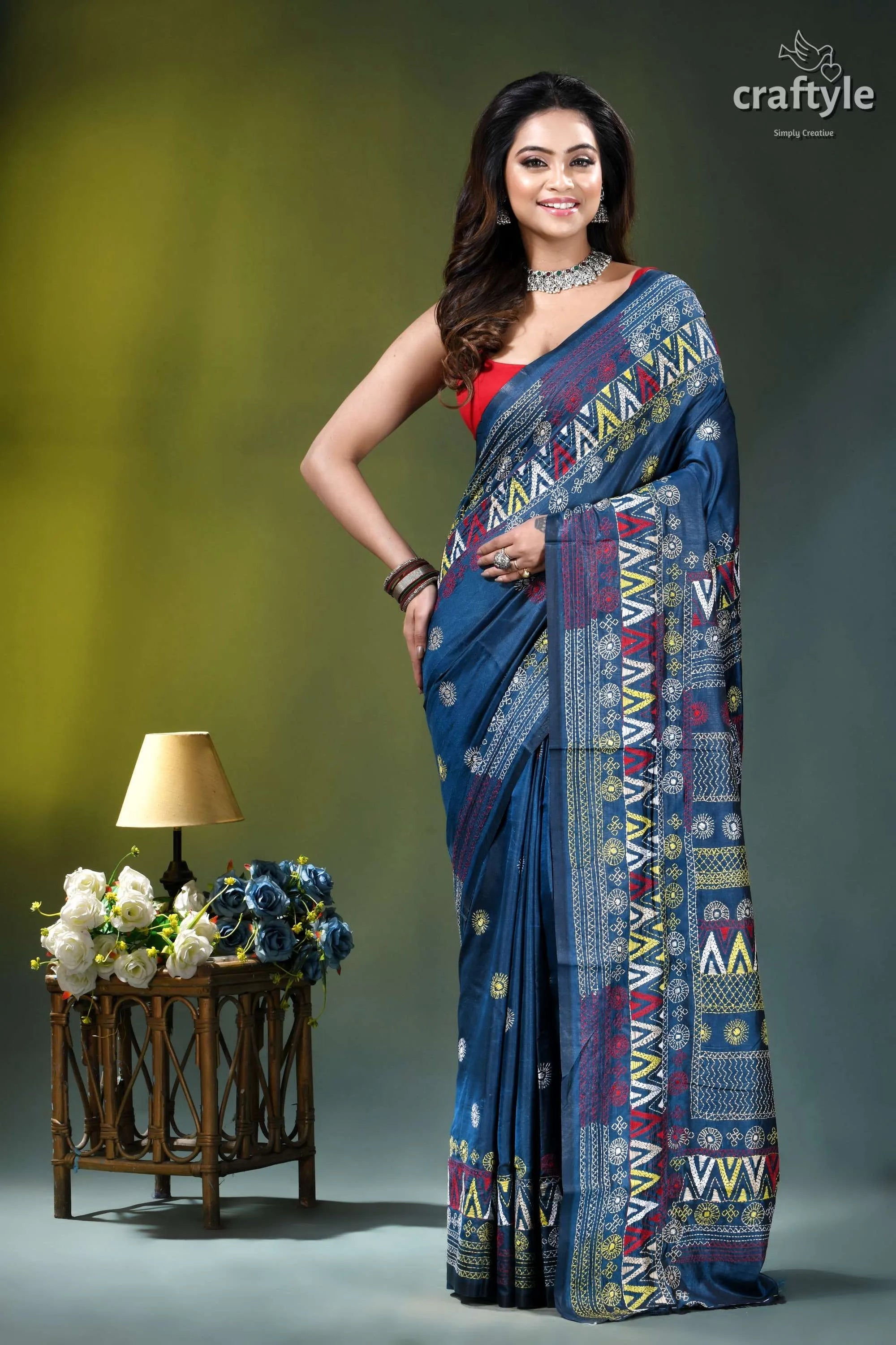 Multicolor hand embroidery silk lambani saree in dusk blue navy blue saree intricate geometric 1