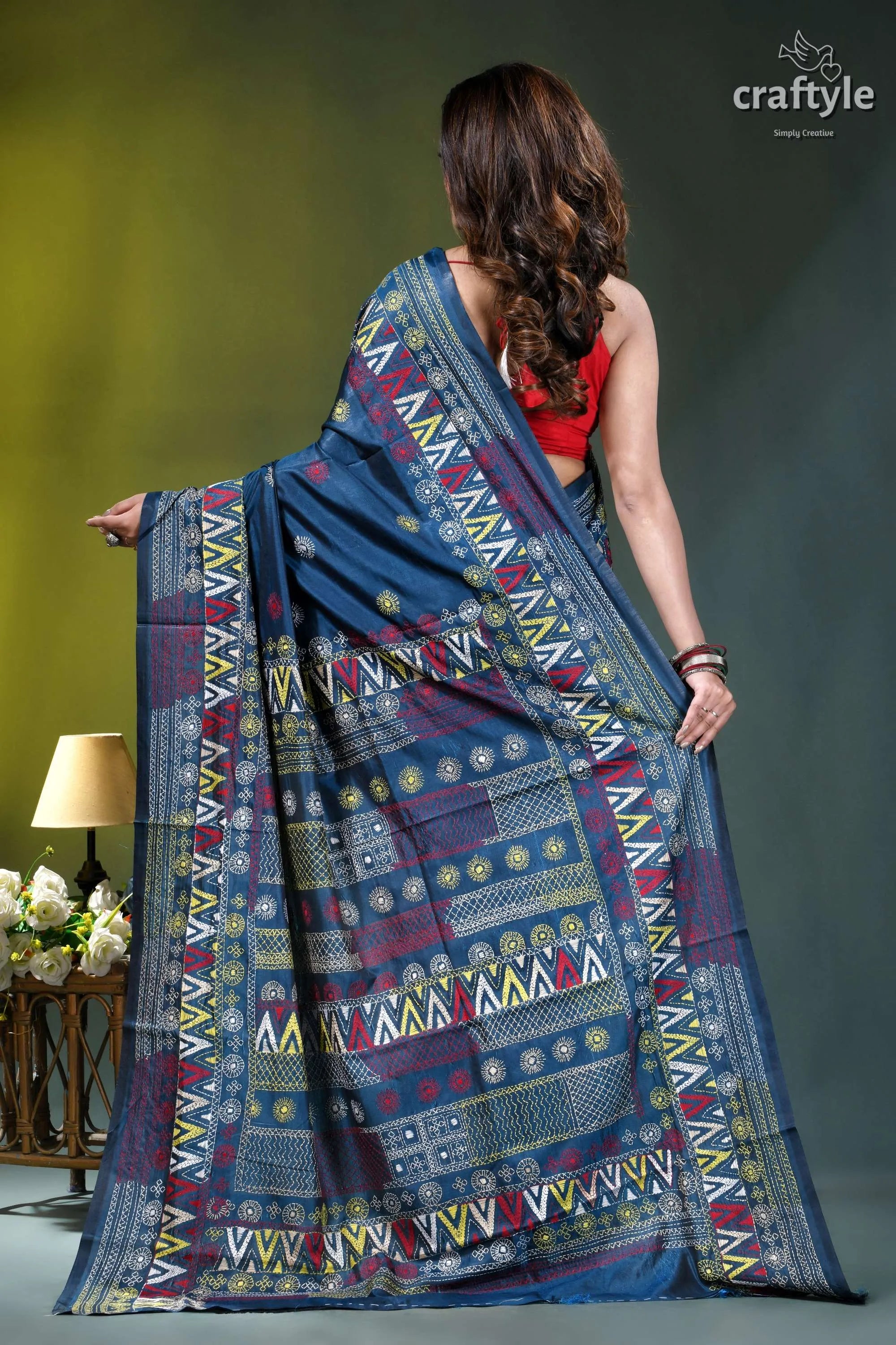 Multicolor hand embroidery silk lambani saree in dusk blue navy blue saree intricate geometric 5