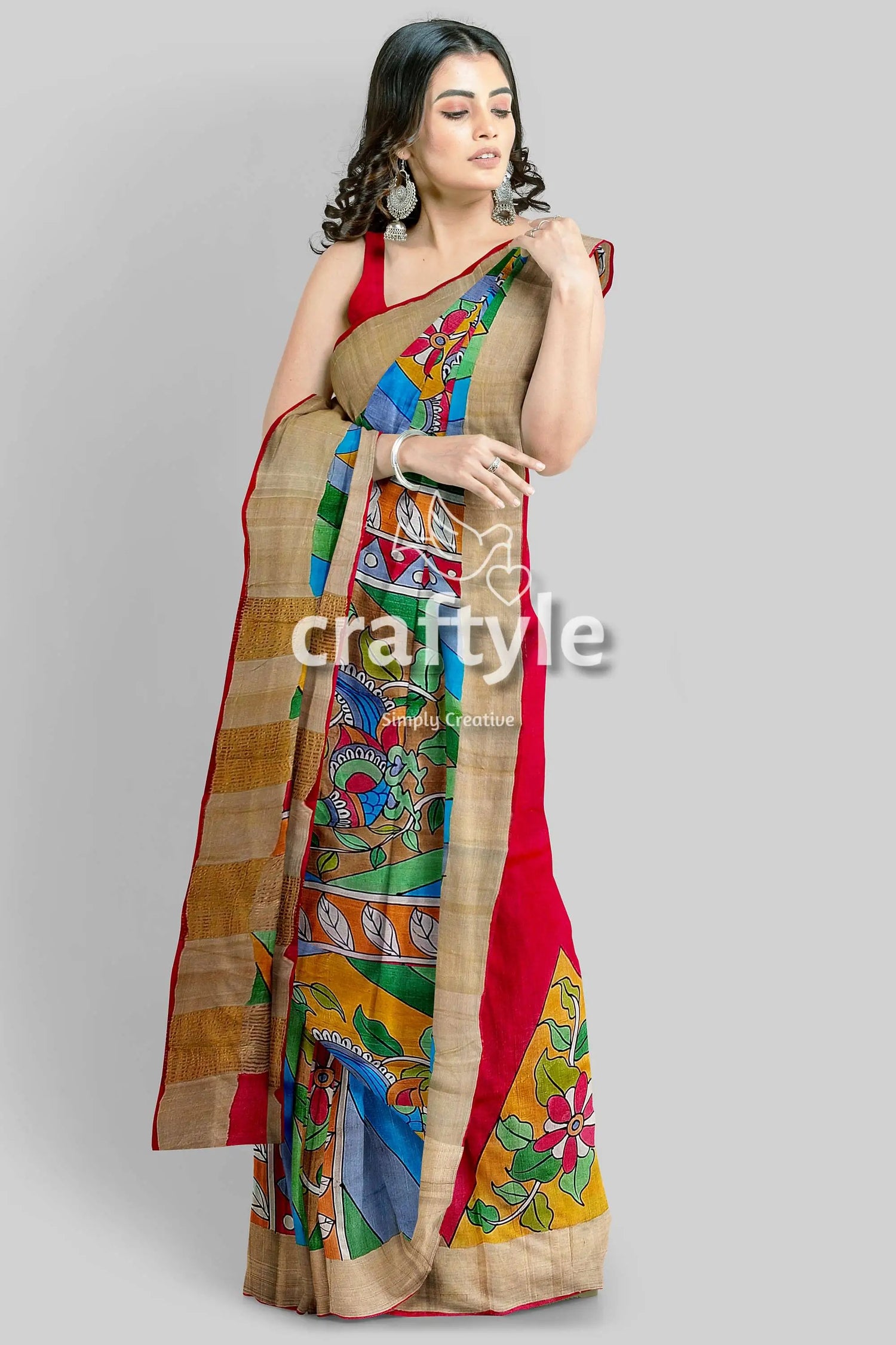 Multicolor hand-painted pure tussar kalamkari saree with zari border woman red painted saree 2