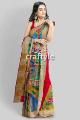 Multicolor hand-painted pure tussar kalamkari saree with zari border woman red painted saree 2