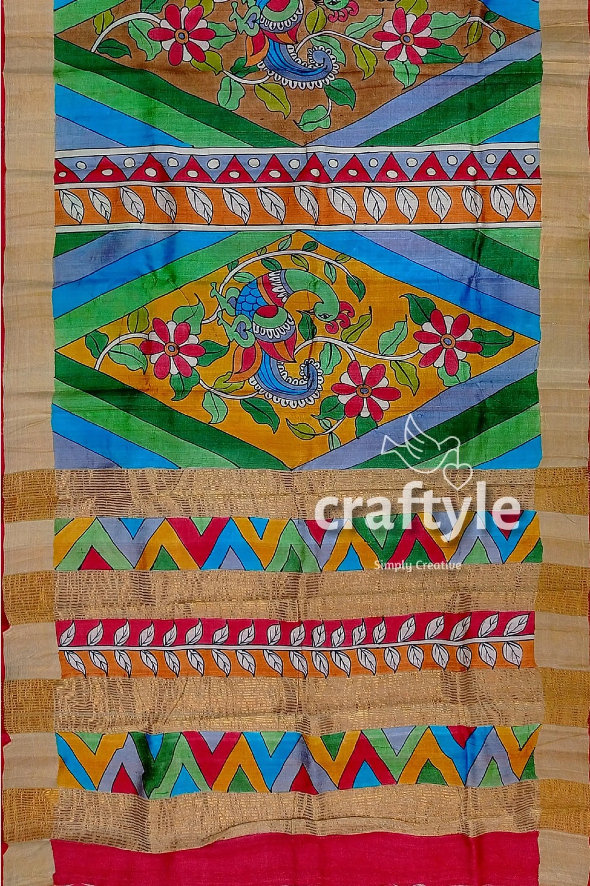 Multicolor hand-painted pure tussar kalamkari saree with zari border colorful patterned fabric 7