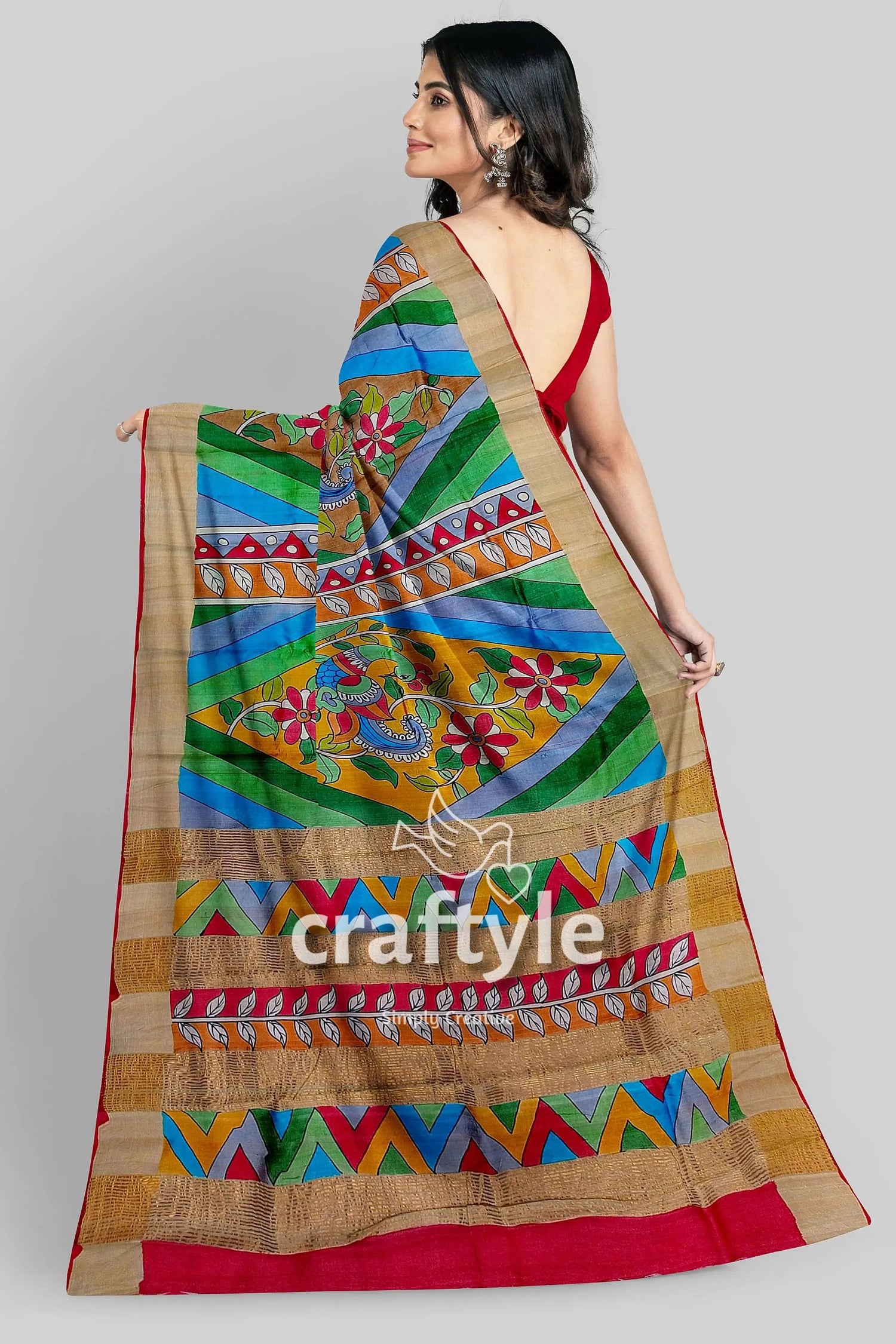 Multicolor hand-painted pure tussar kalamkari saree with zari border colorful patterned saree 6