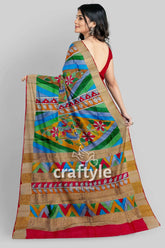 Multicolor hand-painted pure tussar kalamkari saree with zari border colorful patterned saree 6