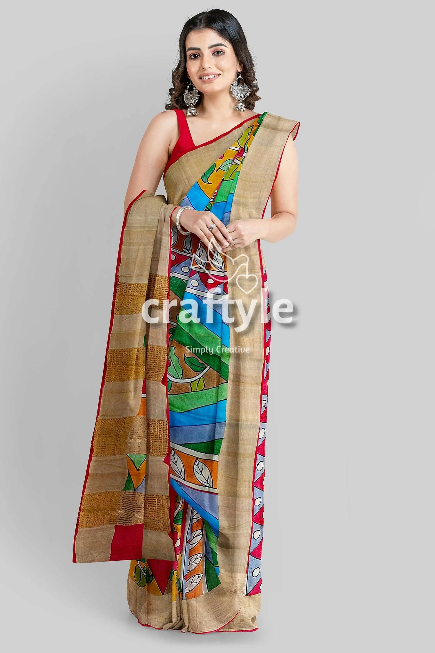 Multicolor hand-painted pure tussar kalamkari saree with zari border woman beige red saree colorful 3