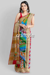 Multicolor hand-painted pure tussar kalamkari saree with zari border woman beige red saree colorful 3