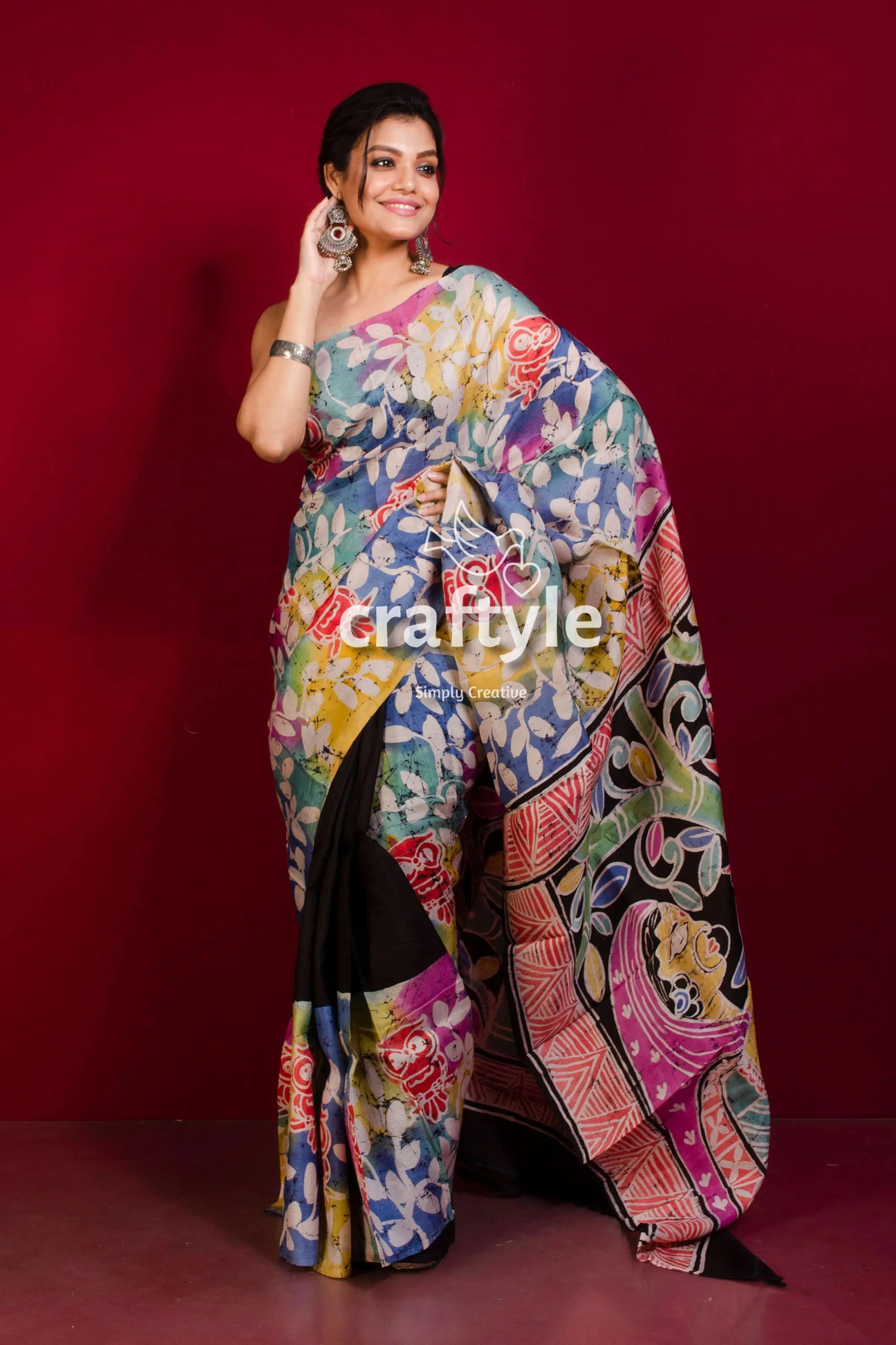 Multicolor hand painted silk batik saree - pure mulberry woman colorful floral saree 1