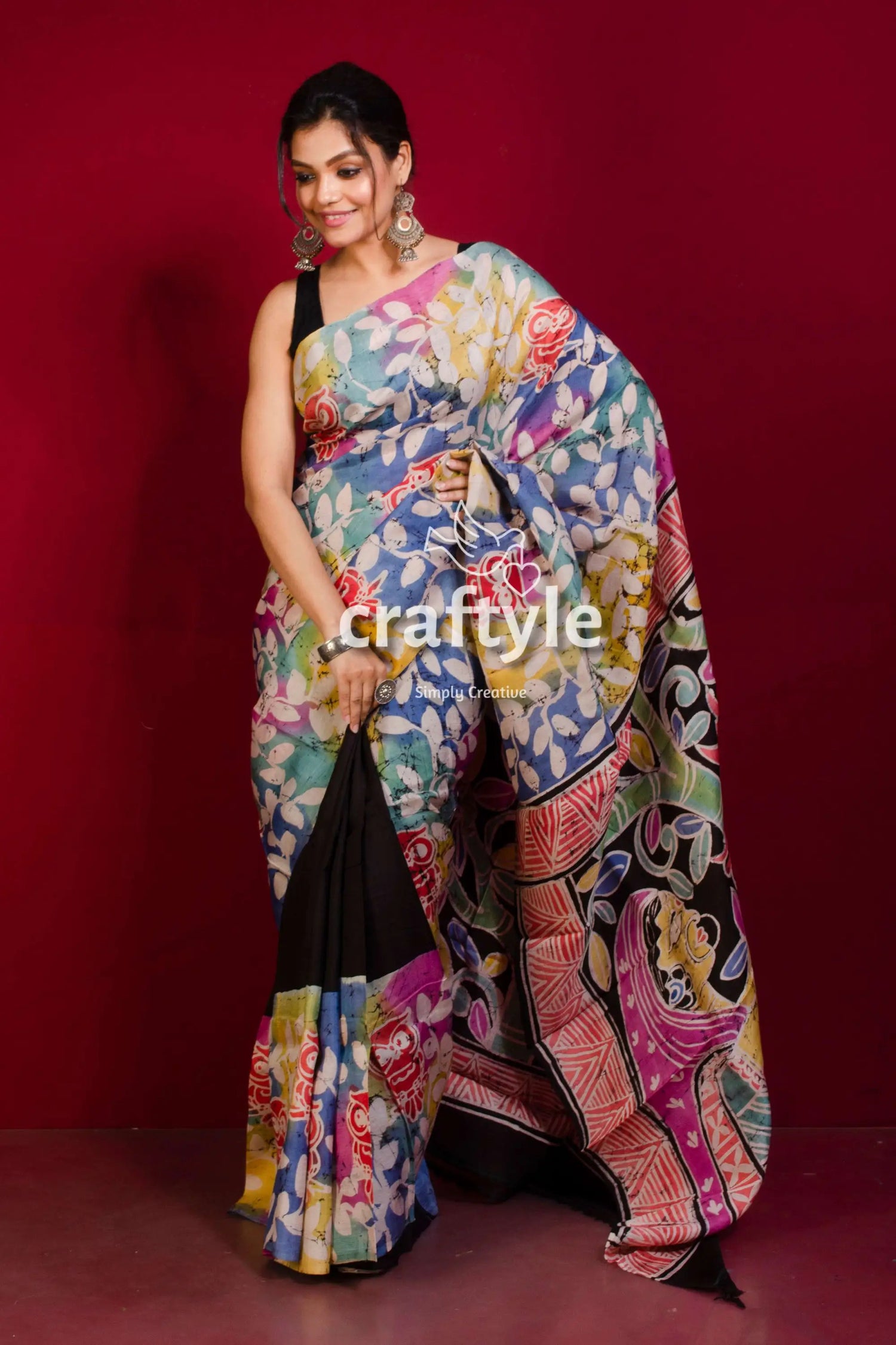Multicolor hand painted silk batik saree - pure mulberry woman colorful patterned saree 2