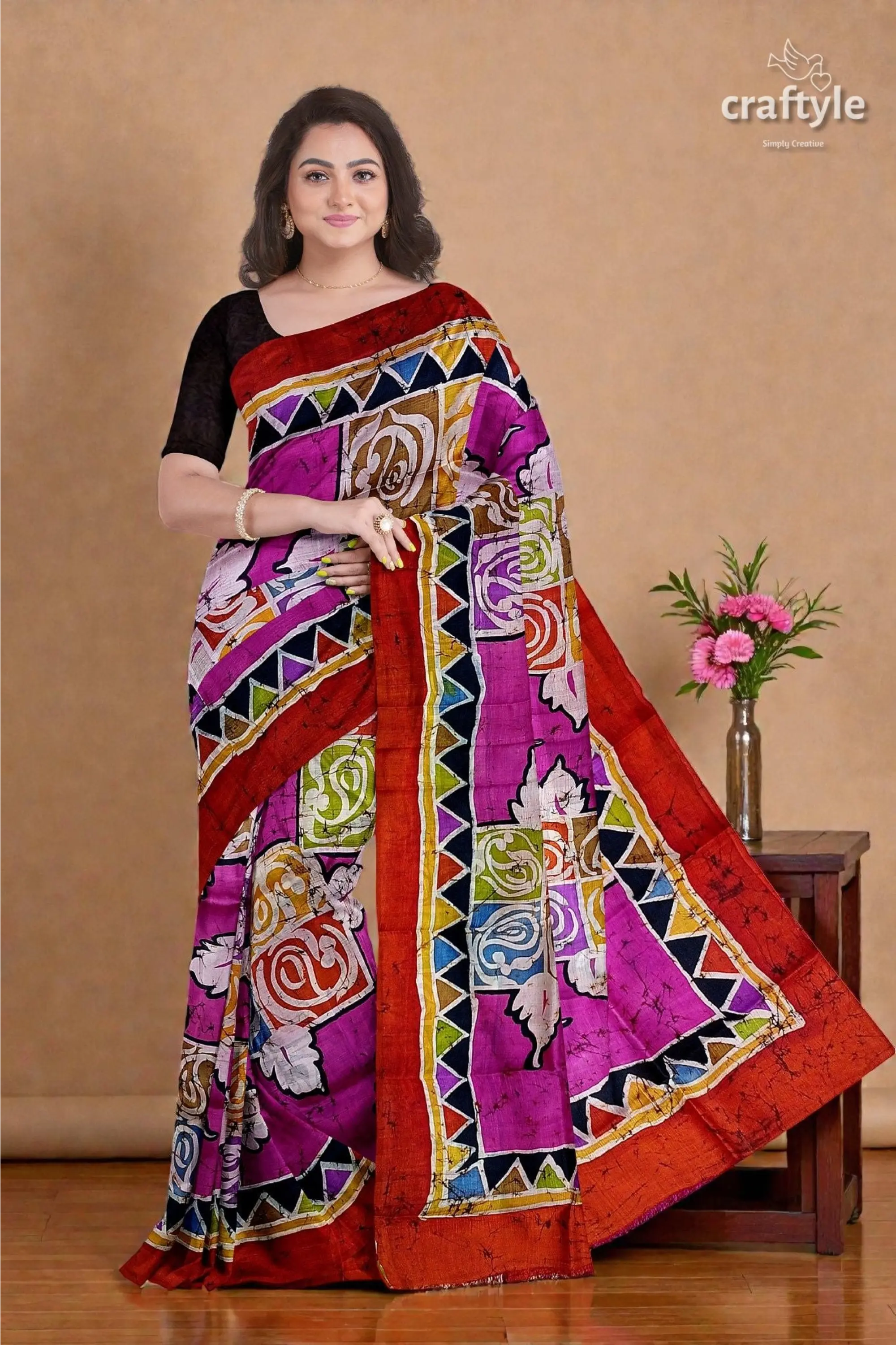 Multicolor hand wax batik mulberry pure silk saree - sari 2