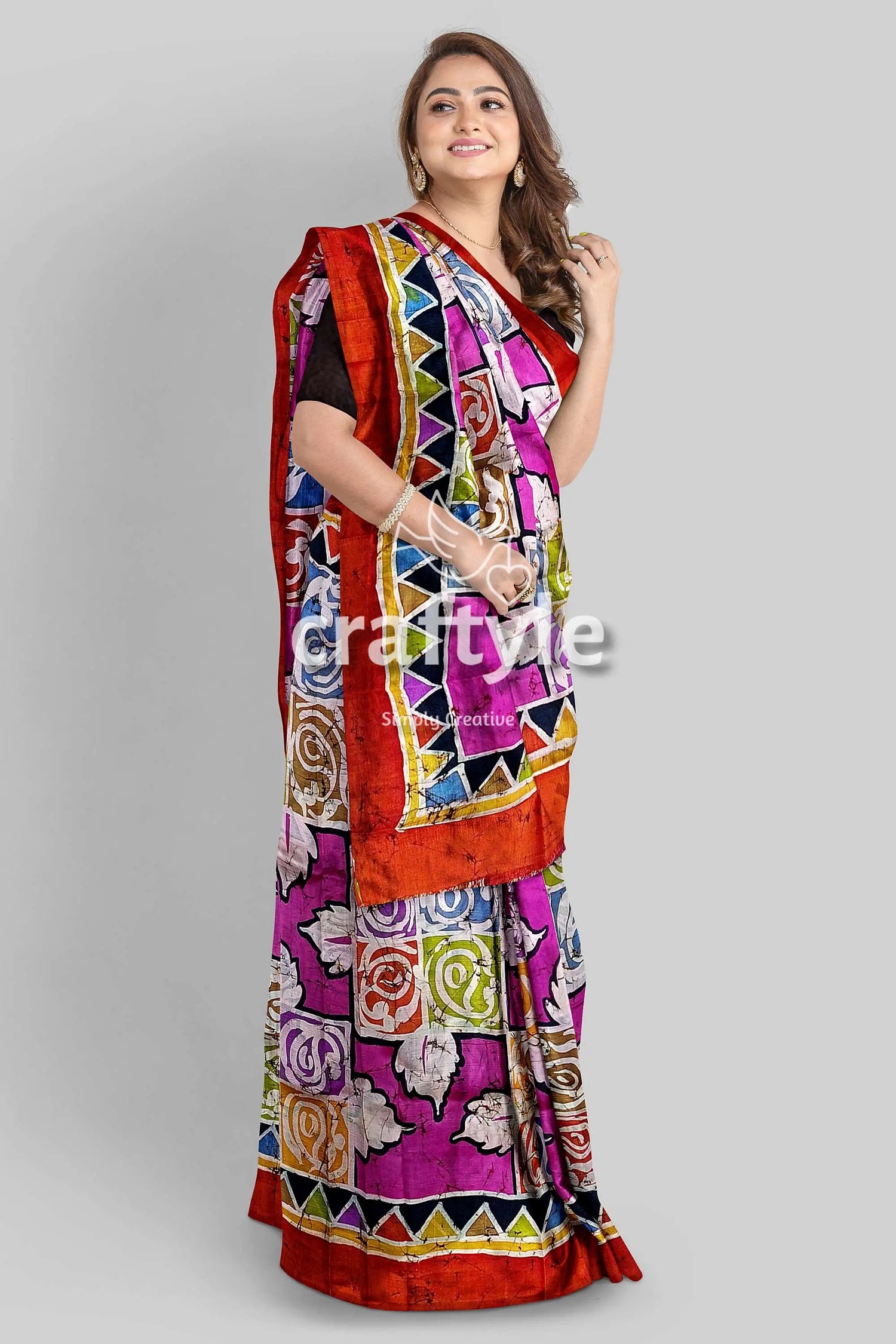 Multicolor hand wax batik mulberry pure silk saree - sari colorful patterned saree red border 5