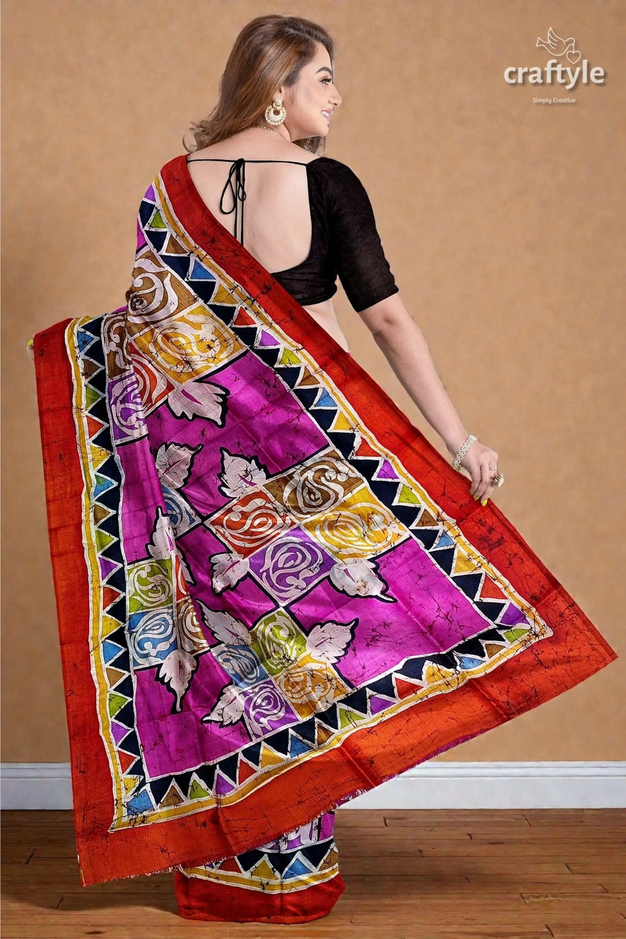 Multicolor hand wax batik mulberry pure silk saree - sari 6