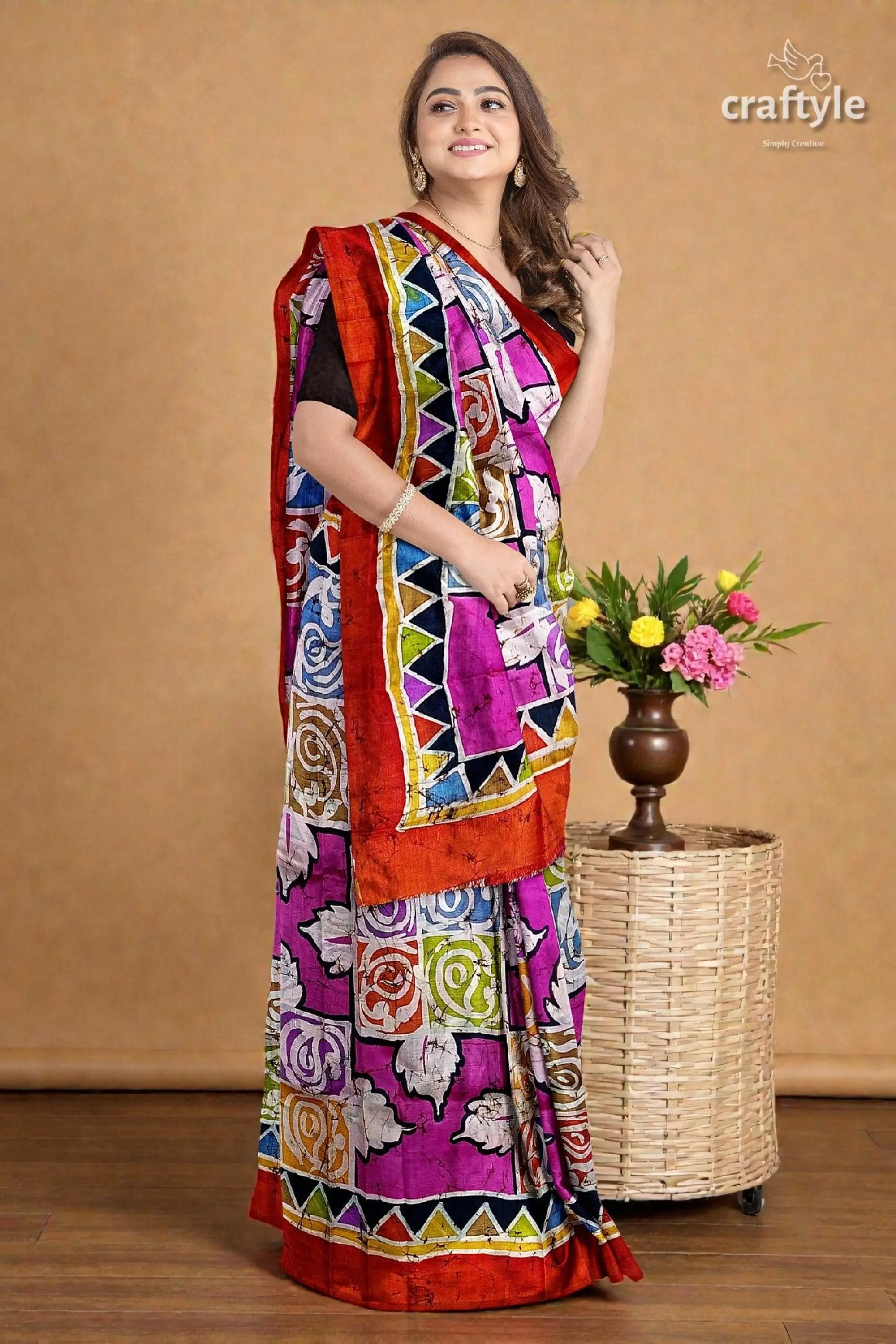 Multicolor hand wax batik mulberry pure silk saree - sari 5