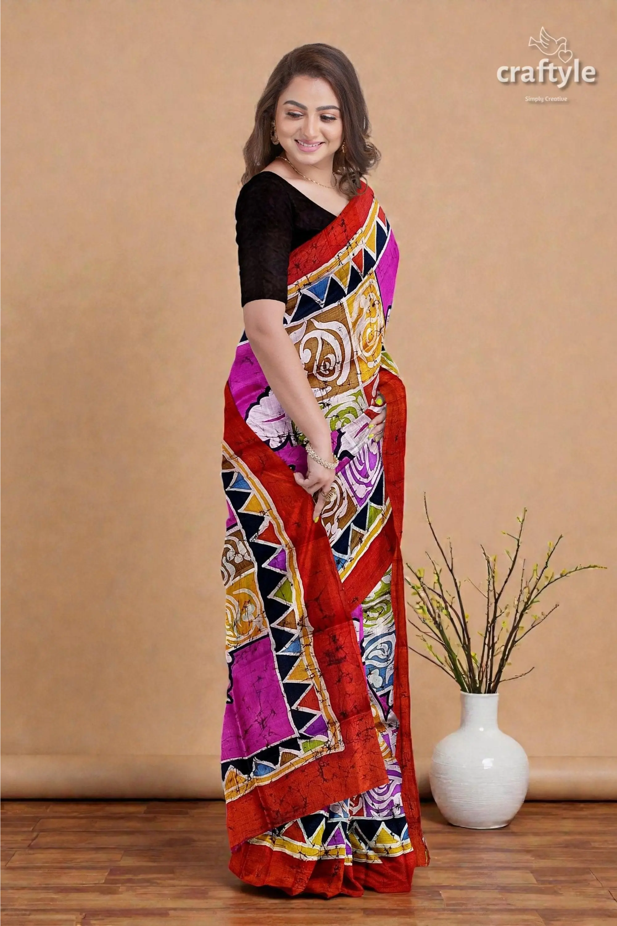 Multicolor hand wax batik mulberry pure silk saree - sari 4
