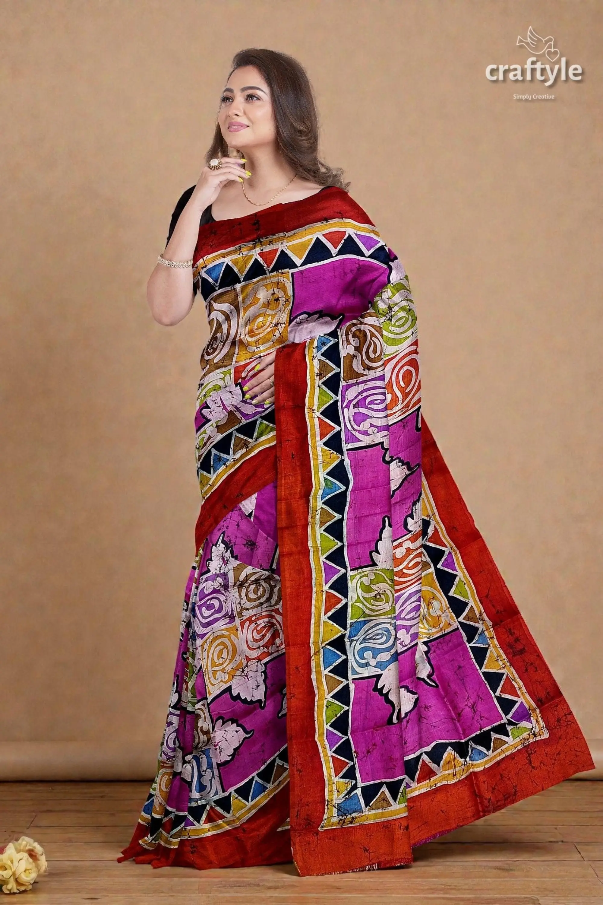 Multicolor hand wax batik mulberry pure silk saree - sari 3