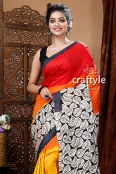 Multicolor leaf design hand block mulberry pure silk saree colorful saree leaf pattern 3