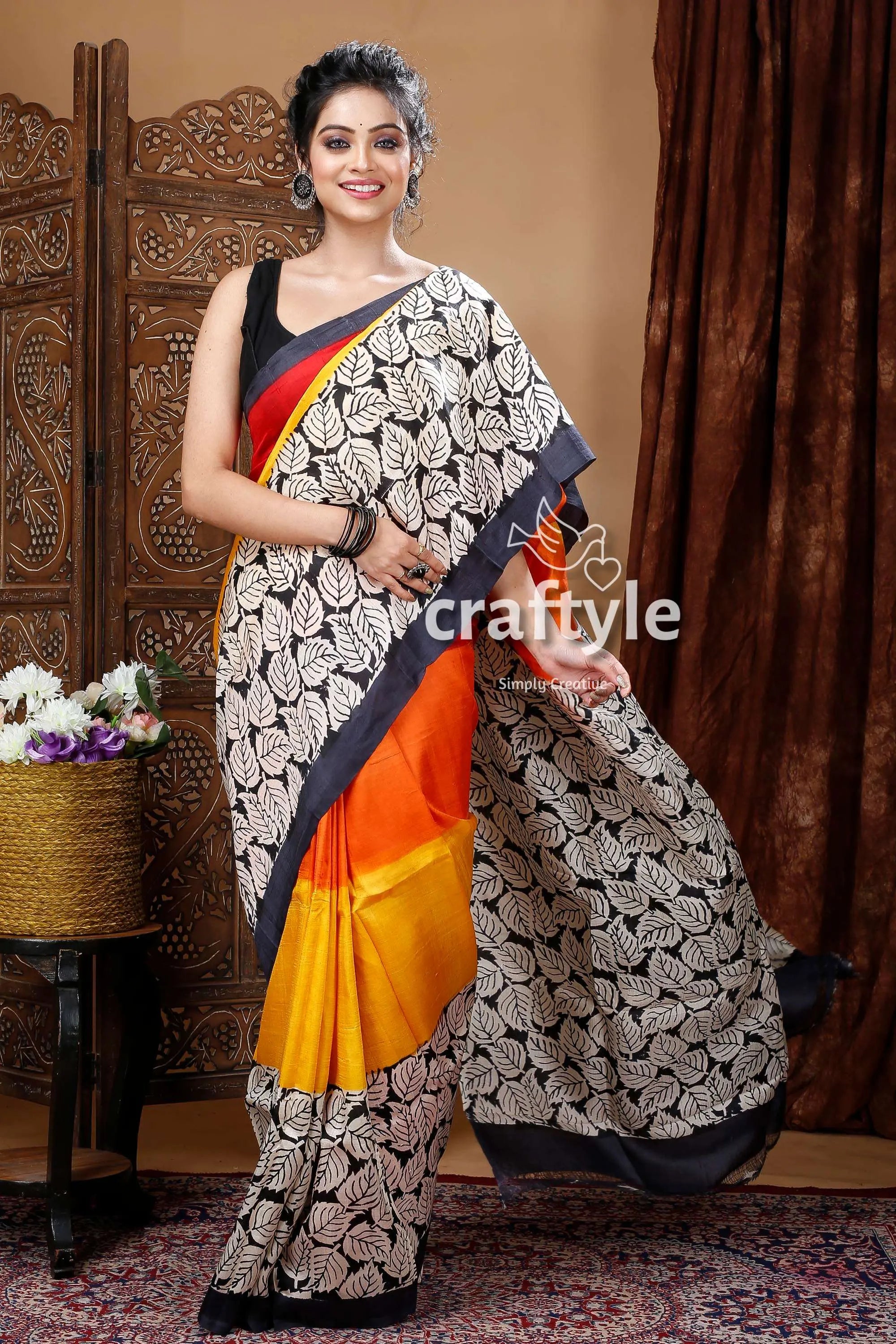 Multicolor leaf design hand block mulberry pure silk saree woman colorful leaf-patterned saree 2