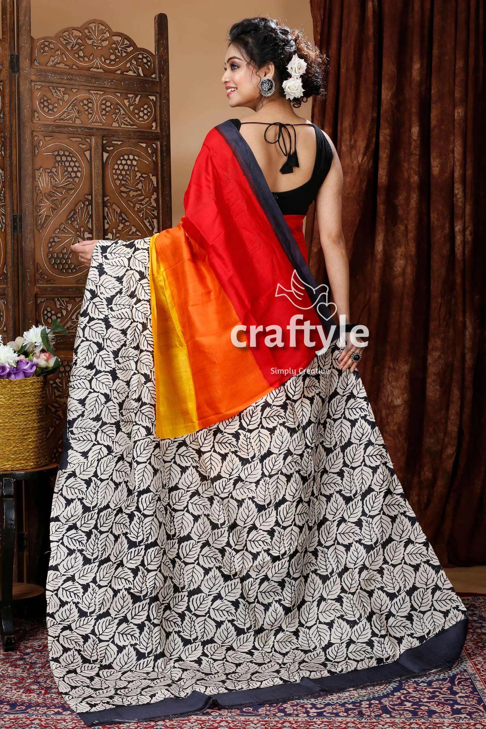 Multicolor leaf design hand block mulberry pure silk saree colorful saree leaf pattern 4