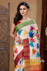 Multicolor leaf design hand block print pure zari tussar saree woman colorful patterned saree 2
