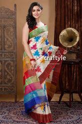 Multicolor leaf design hand block print pure zari tussar saree colorful patterned saree 4