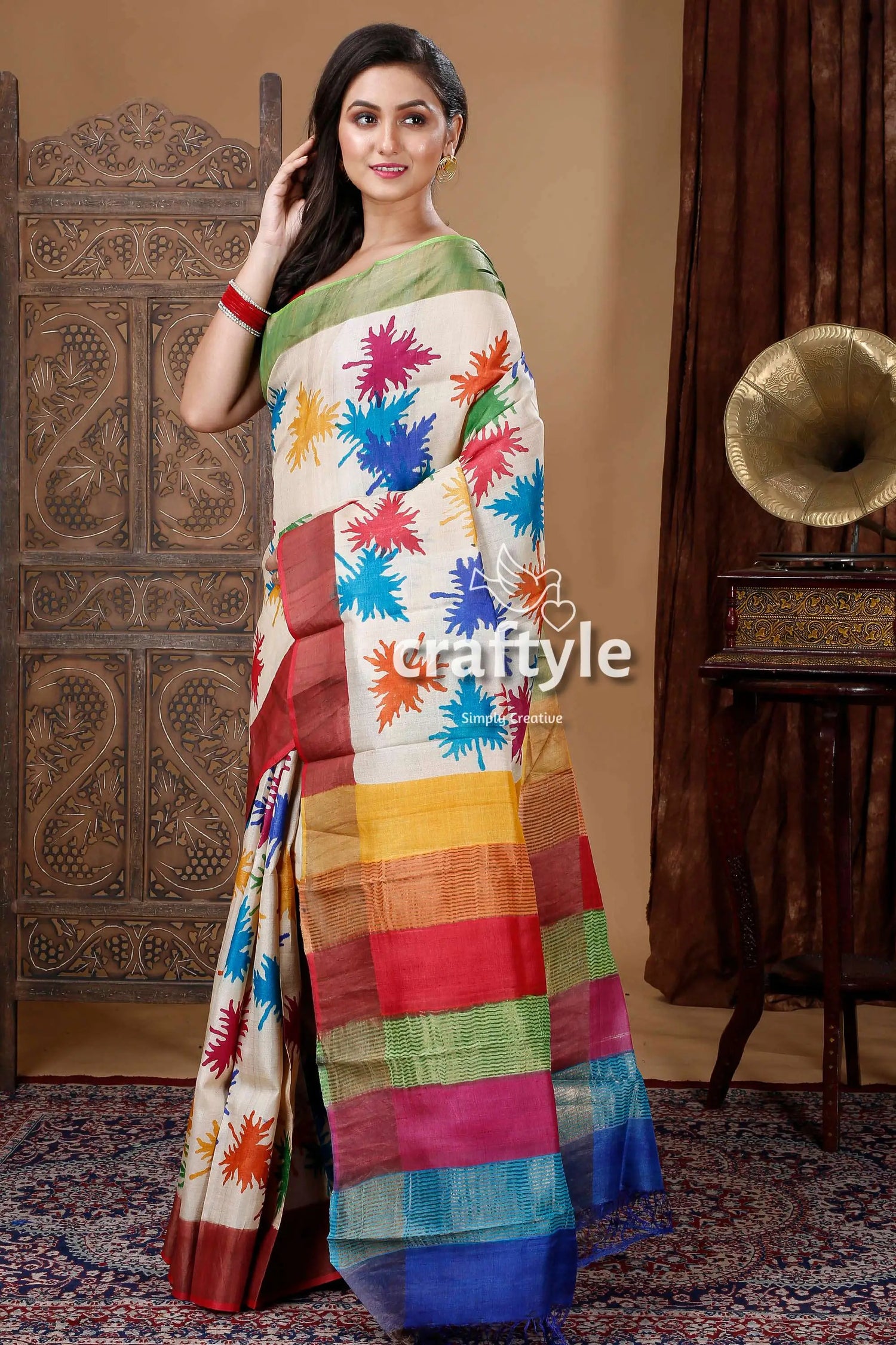 Multicolor leaf design hand block print pure zari tussar saree colorful patterned saree 3