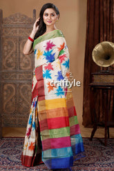 Multicolor leaf design hand block print pure zari tussar saree colorful patterned saree 3