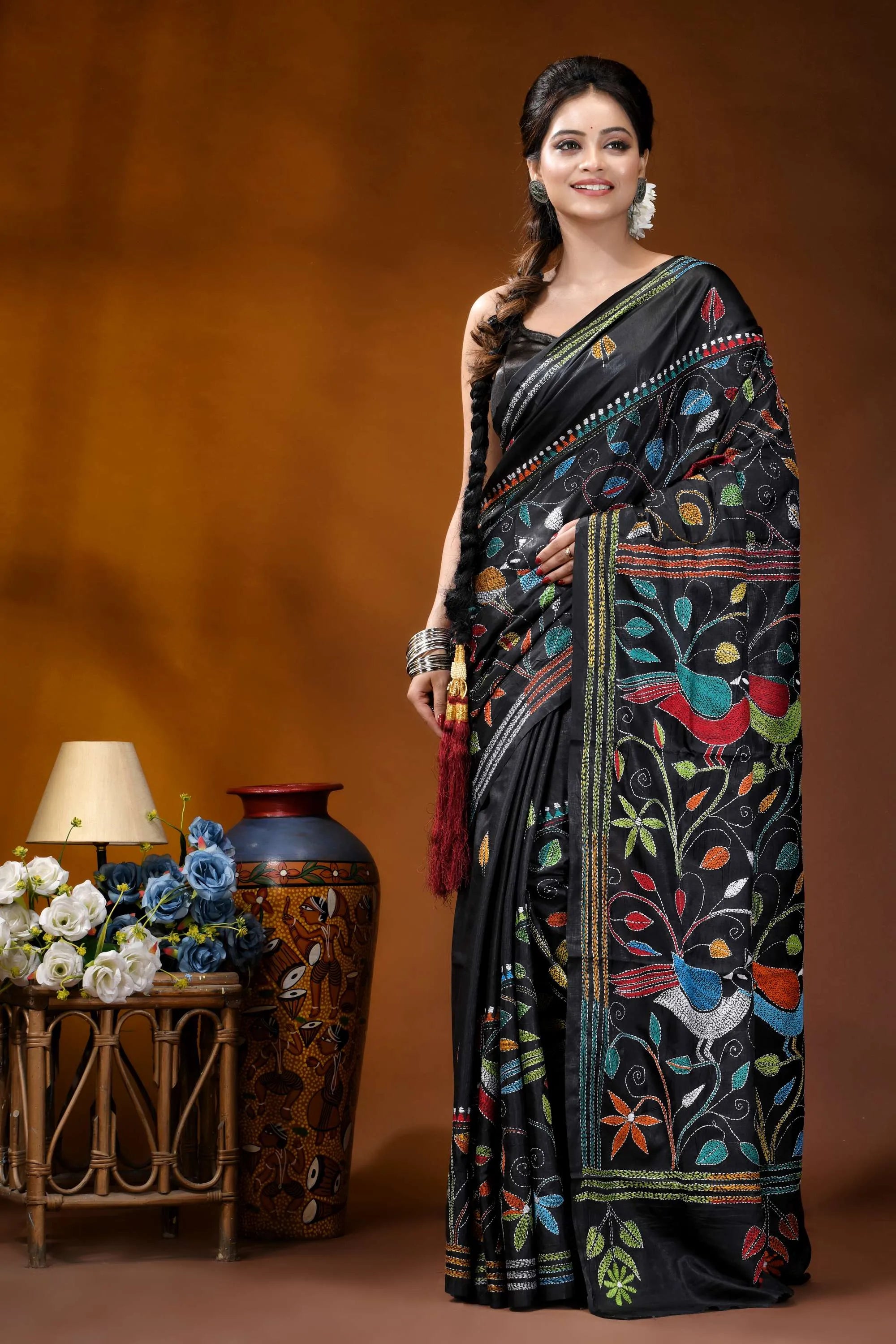 Multicolor peacock design handmade ebony black silk kantha saree black silk saree adorned vibrant 7