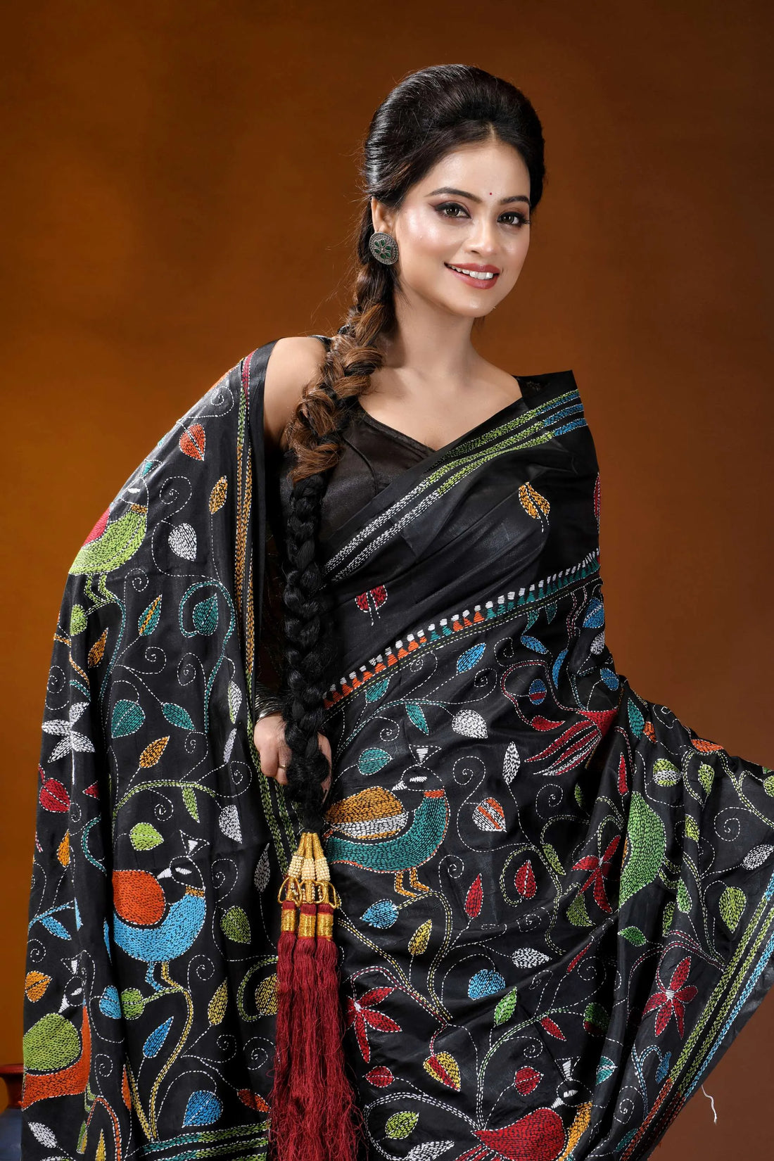 Multicolor peacock design handmade ebony black silk kantha saree black silk saree adorned vibrant 2