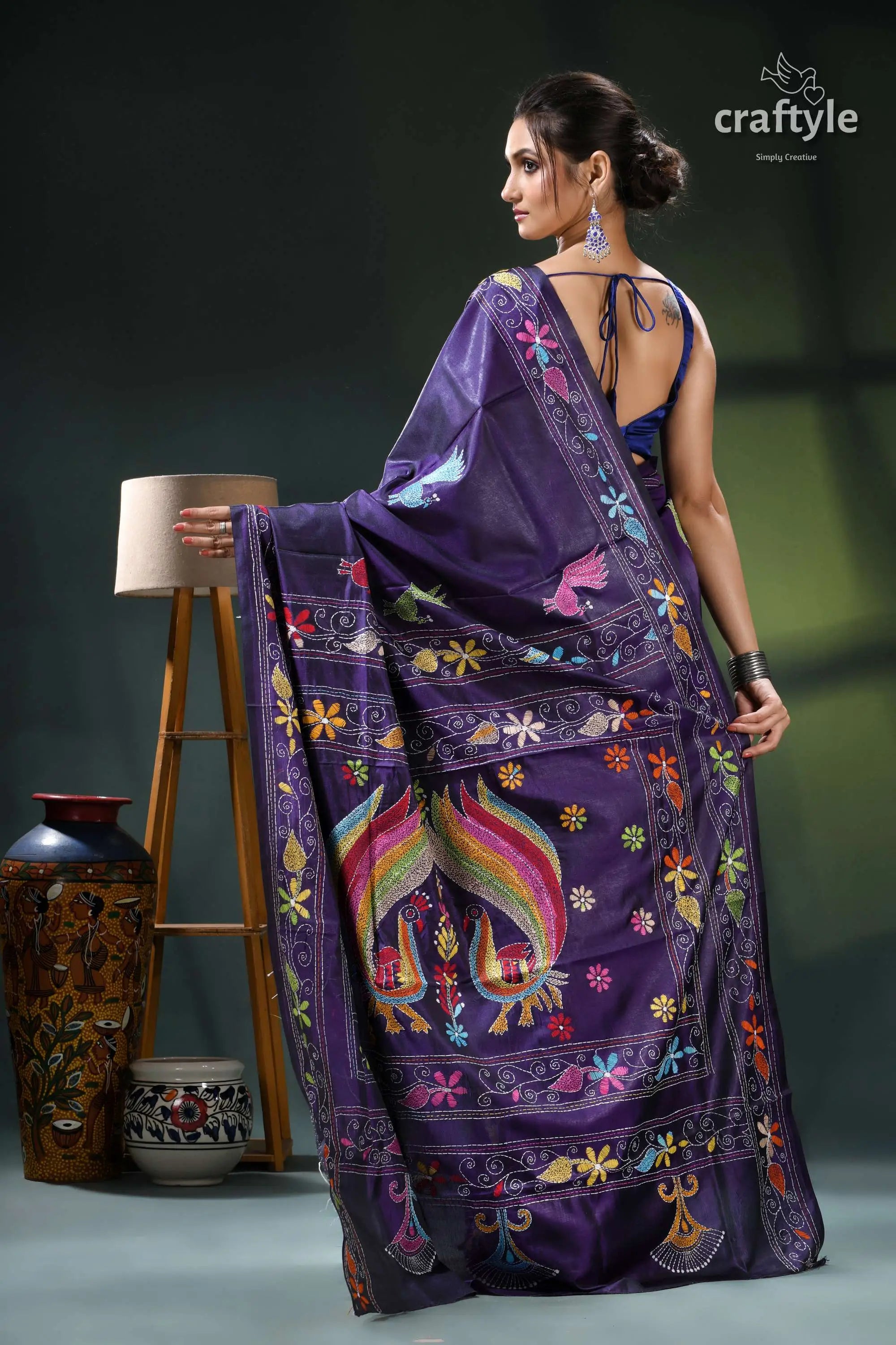 Multicolor peacock design silk kantha saree in jacarta blue purple embroidered saree peacock design 6