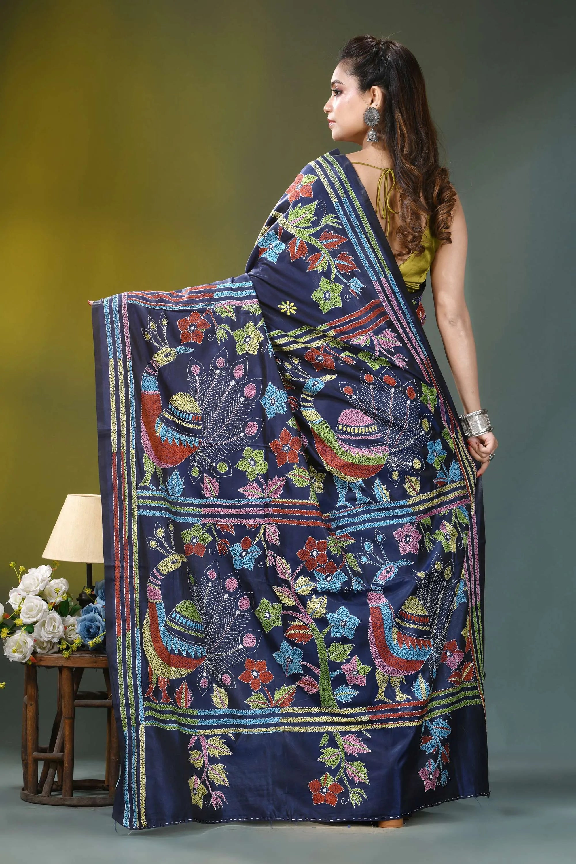 Multicolor peacock design silk kantha stitch saree in blue navy blue hand-block printed saree 5