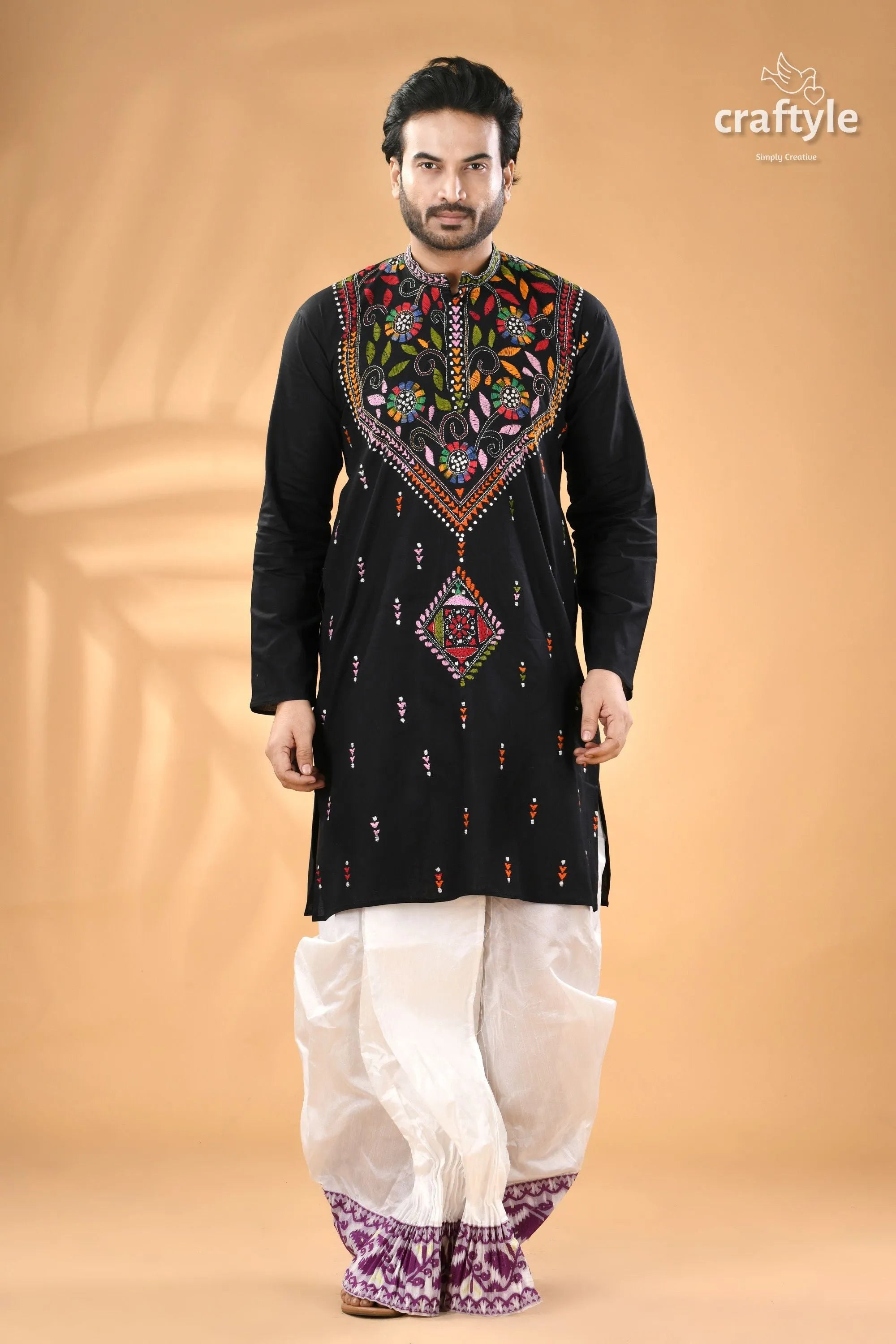 Multicolor thread black kantha hand embroidered men’s kurta white 1