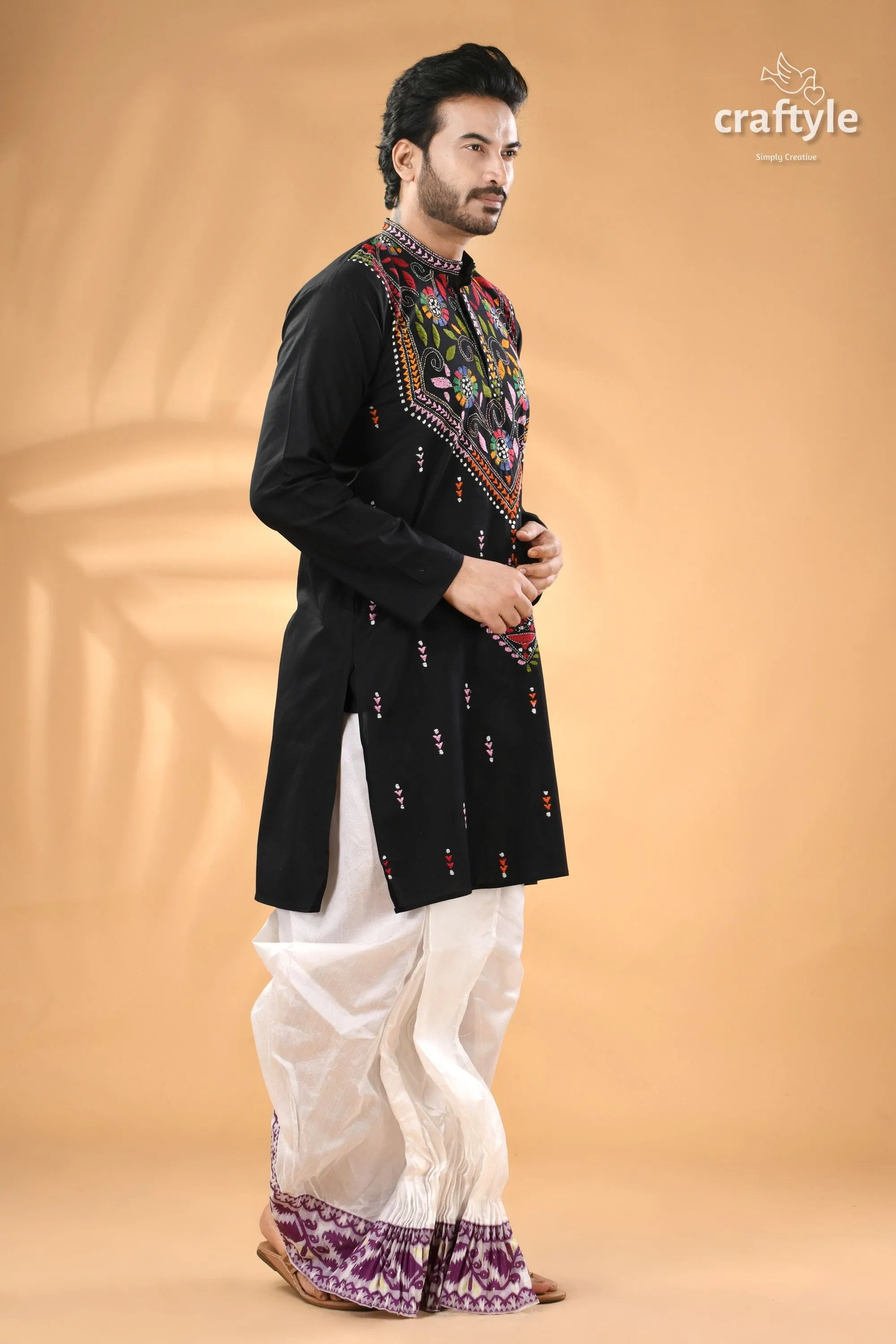 Multicolor thread black kantha hand embroidered men’s kurta white 3