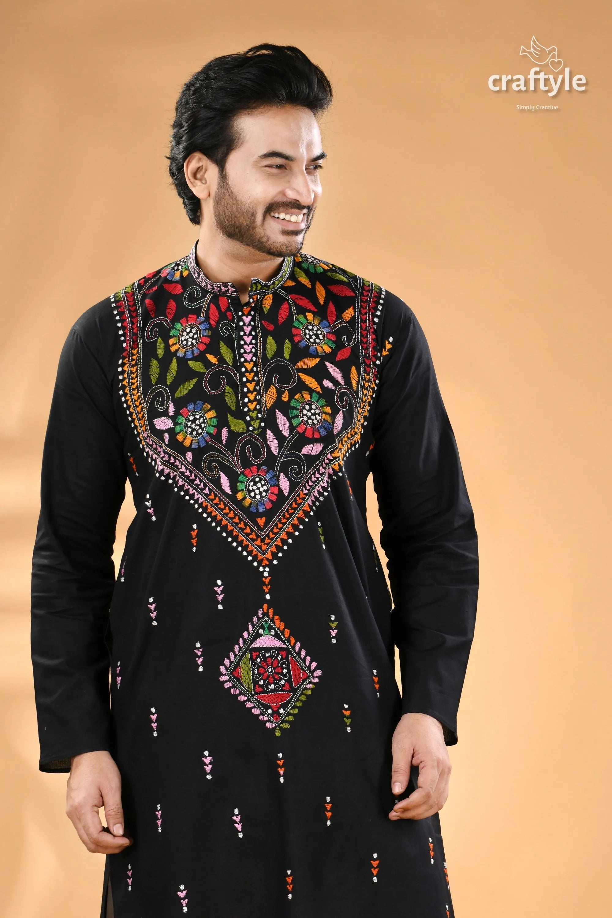 Multicolor thread black kantha hand embroidered men’s kurta 2