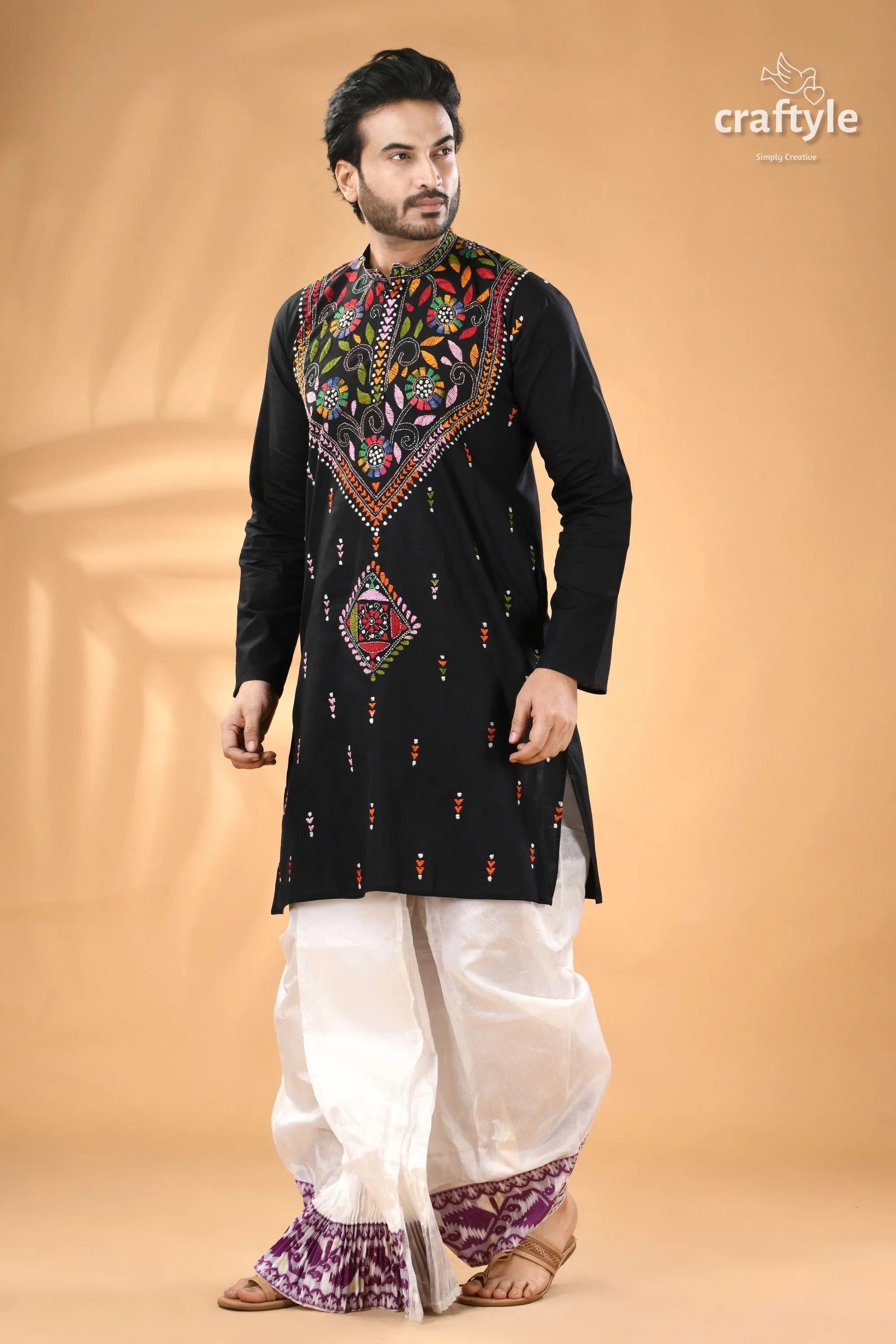 Multicolor thread black kantha hand embroidered men’s kurta white 4
