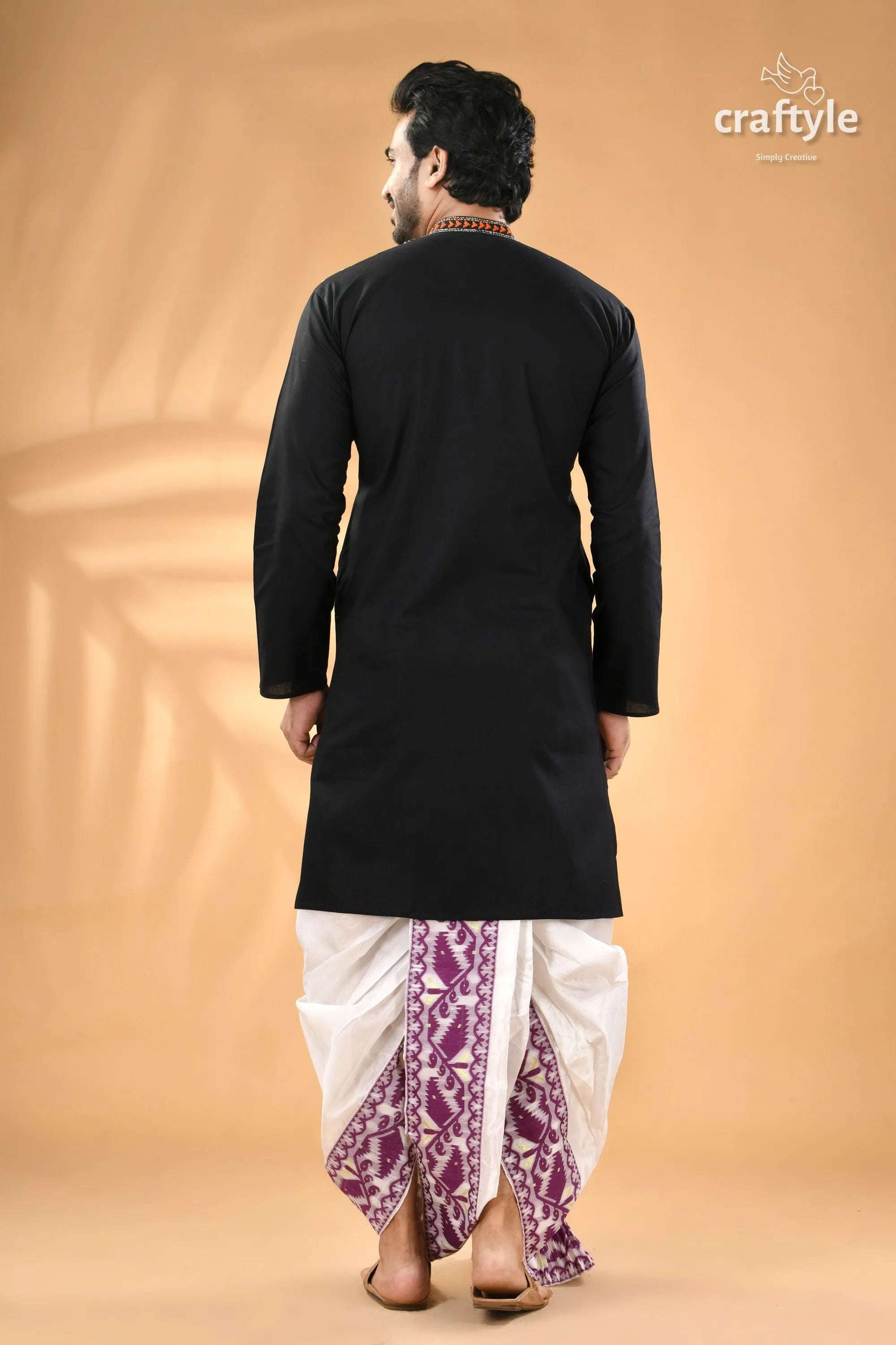 Multicolor thread black kantha hand embroidered men’s kurta white purple 6