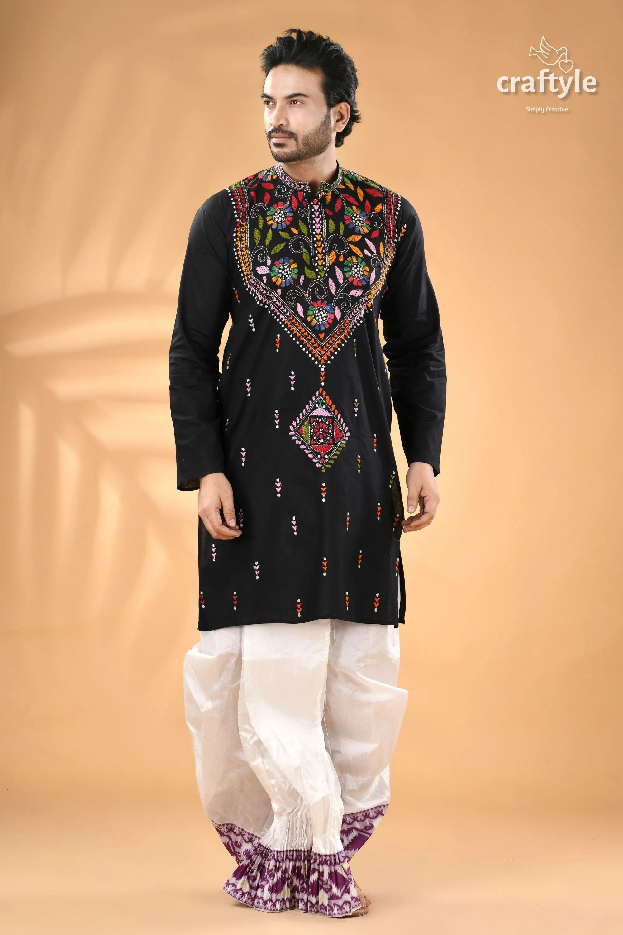 Multicolor thread black kantha hand embroidered men’s kurta white 5