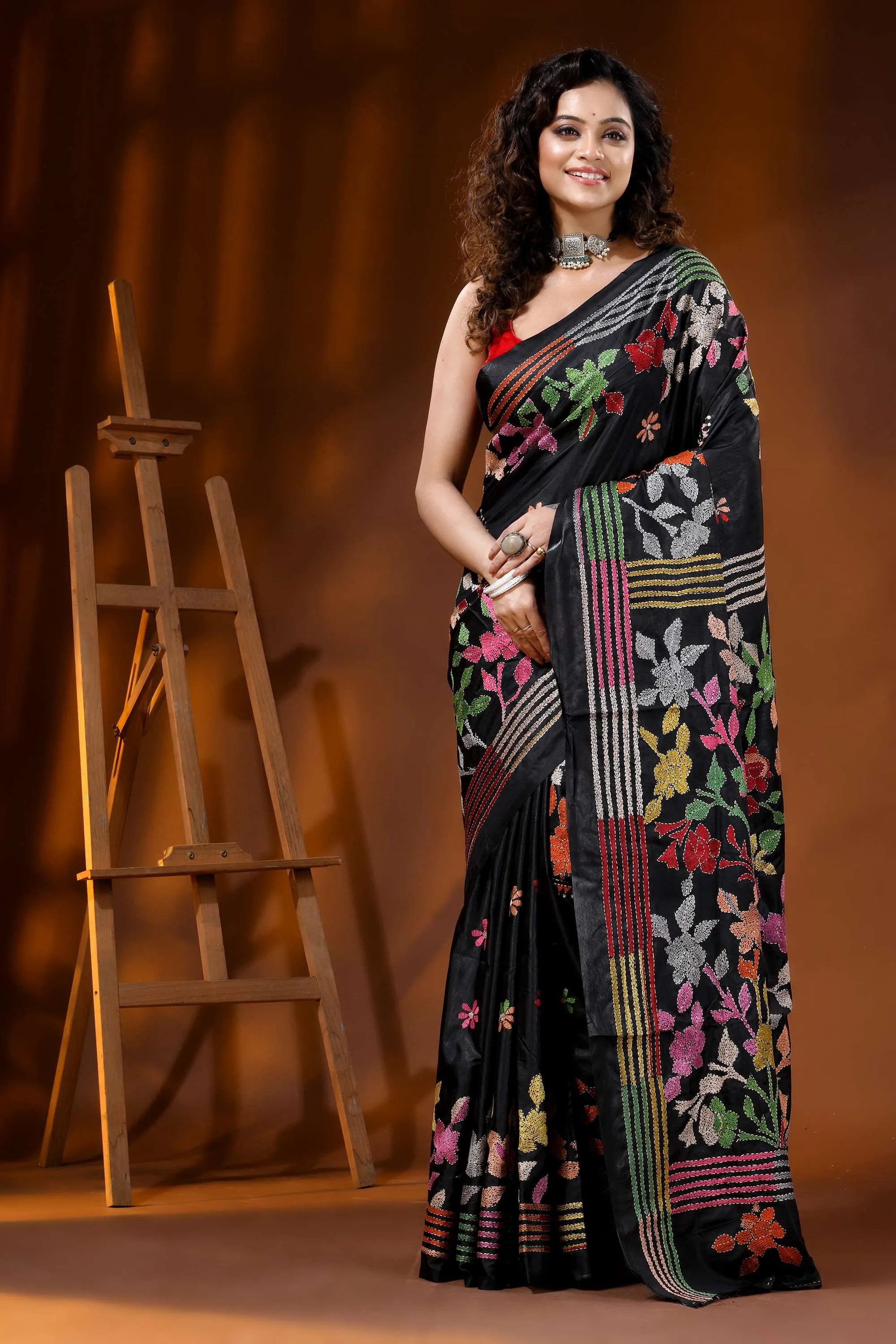Multicolor thread floral design ebony black silk kantha saree 6