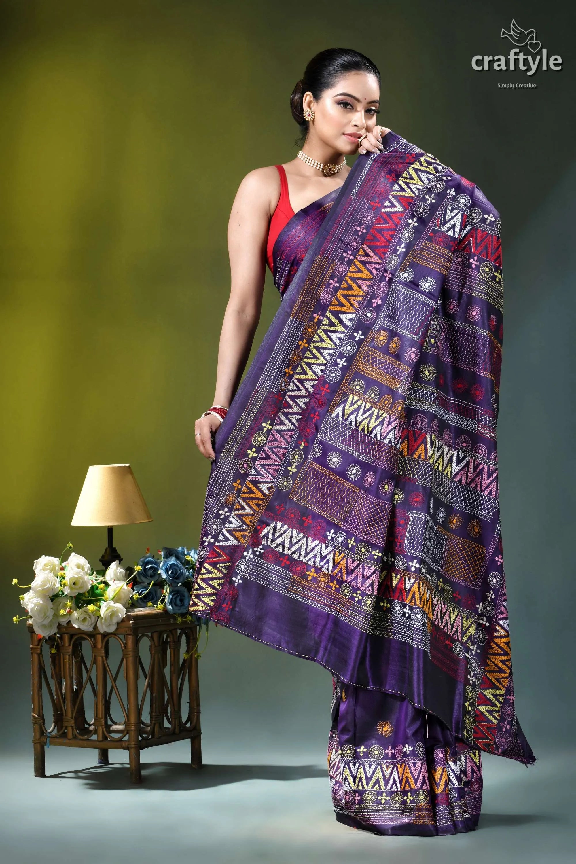 Multicolor thread hand embroidered silk lambani saree - violent violet purple silk saree intricate geometric 4