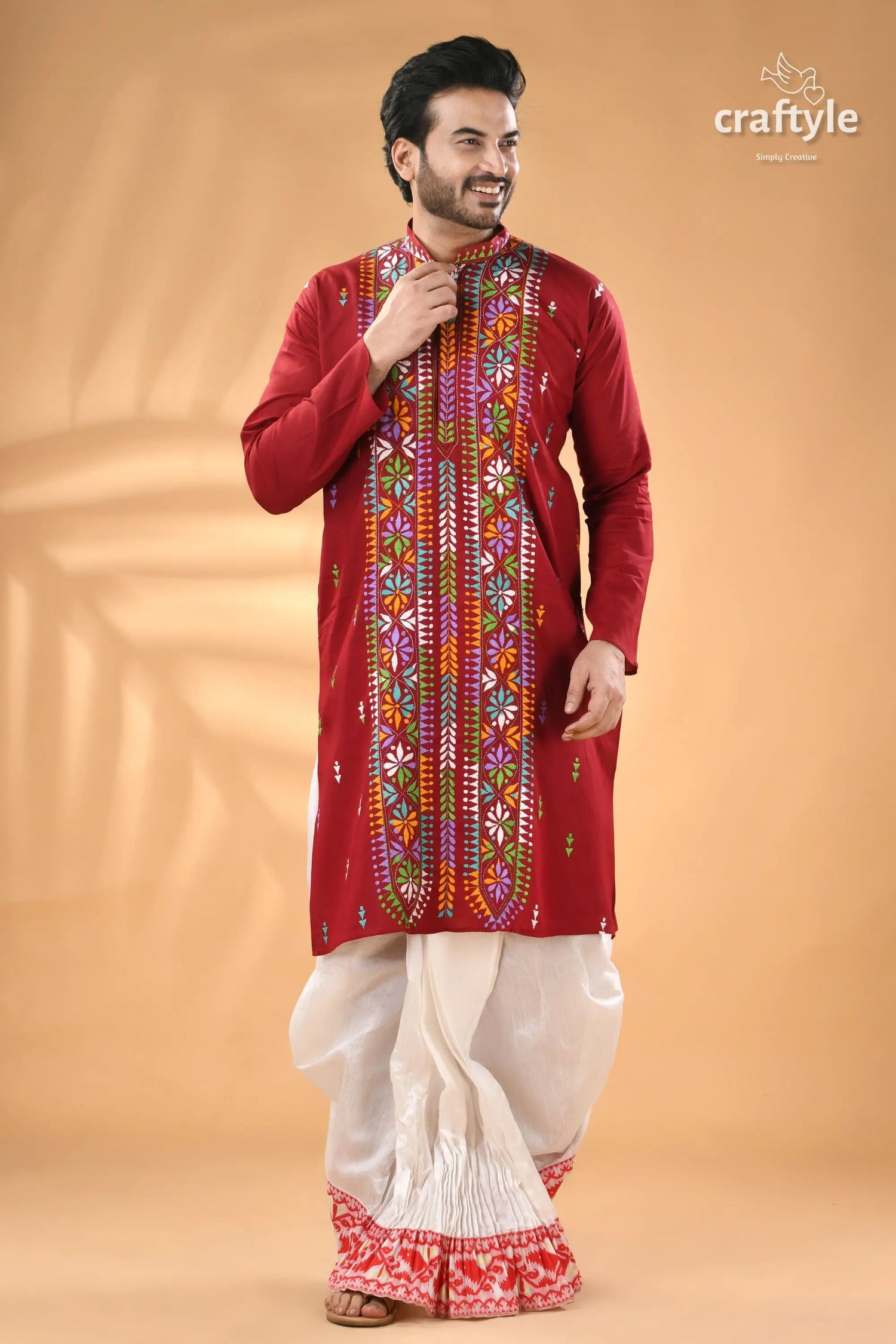 Multicolor thread maroon hand kantha stitched mens kurta men’s red embroidered kurta white 3