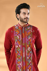 Multicolor thread maroon hand kantha stitched mens kurta men’s maroon long sleeved kurta colorful 2
