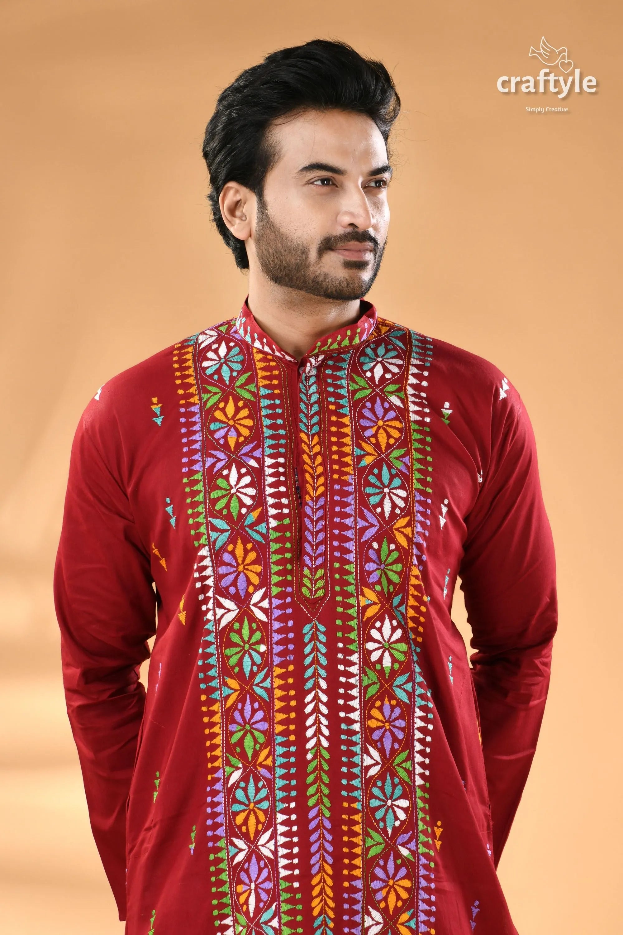 Multicolor thread maroon hand kantha stitched mens kurta men’s maroon long-sleeved kurta colorful 2