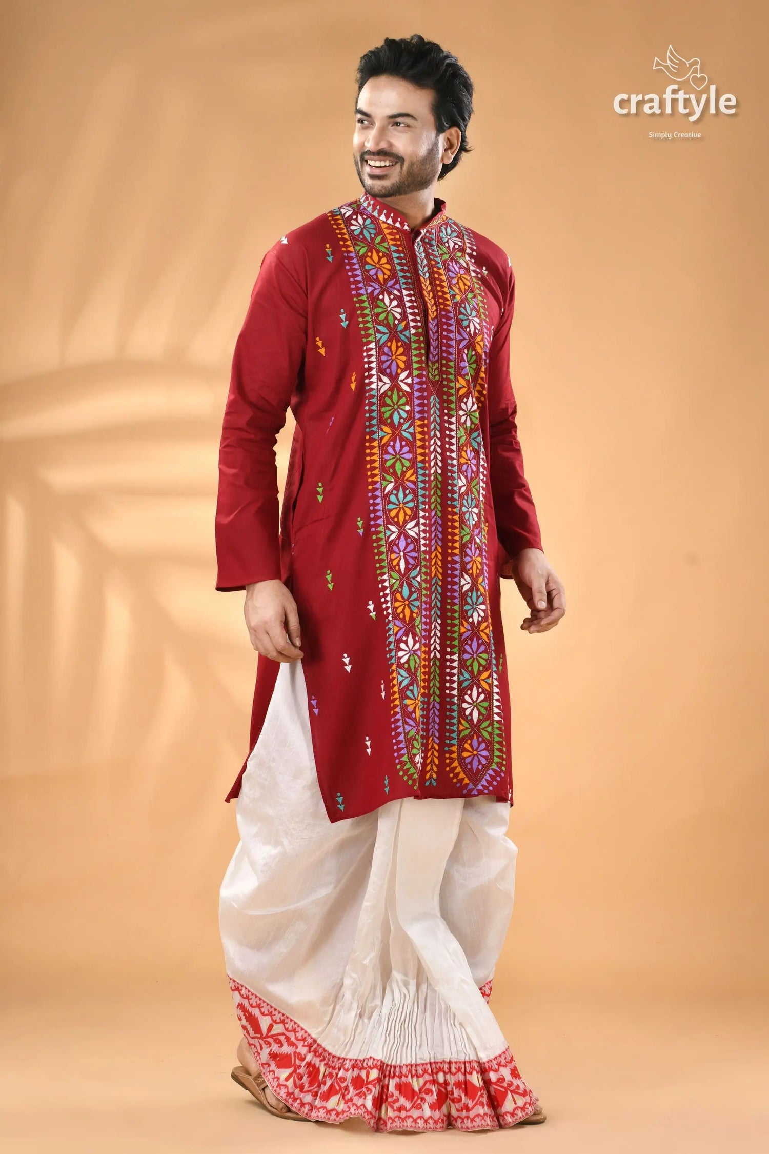 Multicolor thread maroon hand kantha stitched mens kurta men’s maroon embroidered kurta white 4