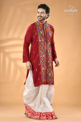 Multicolor thread maroon hand kantha stitched mens kurta men’s maroon embroidered kurta white 4