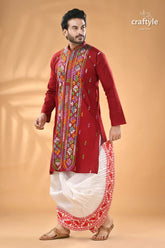 Multicolor thread maroon hand kantha stitched mens kurta men’s maroon embroidered kurta white 5
